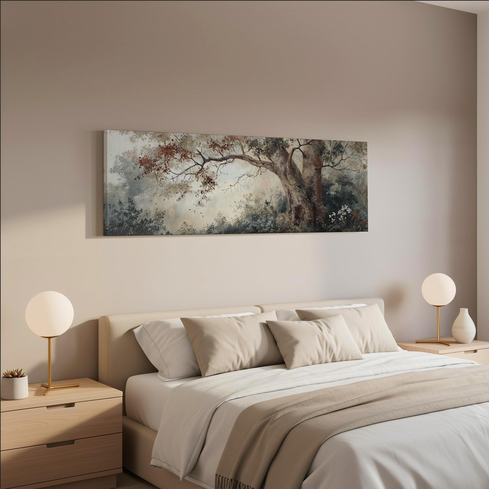 a serene bedroom scene with a large bed adorned with white linens and beige throw pillows. Above the bed, a large painting of a tree with a lush canopy hangs on the wall, creating a calming and natural atmosphere. Two white lamps flank the bed, providing soft lighting that enhances the overall ambiance of the room.