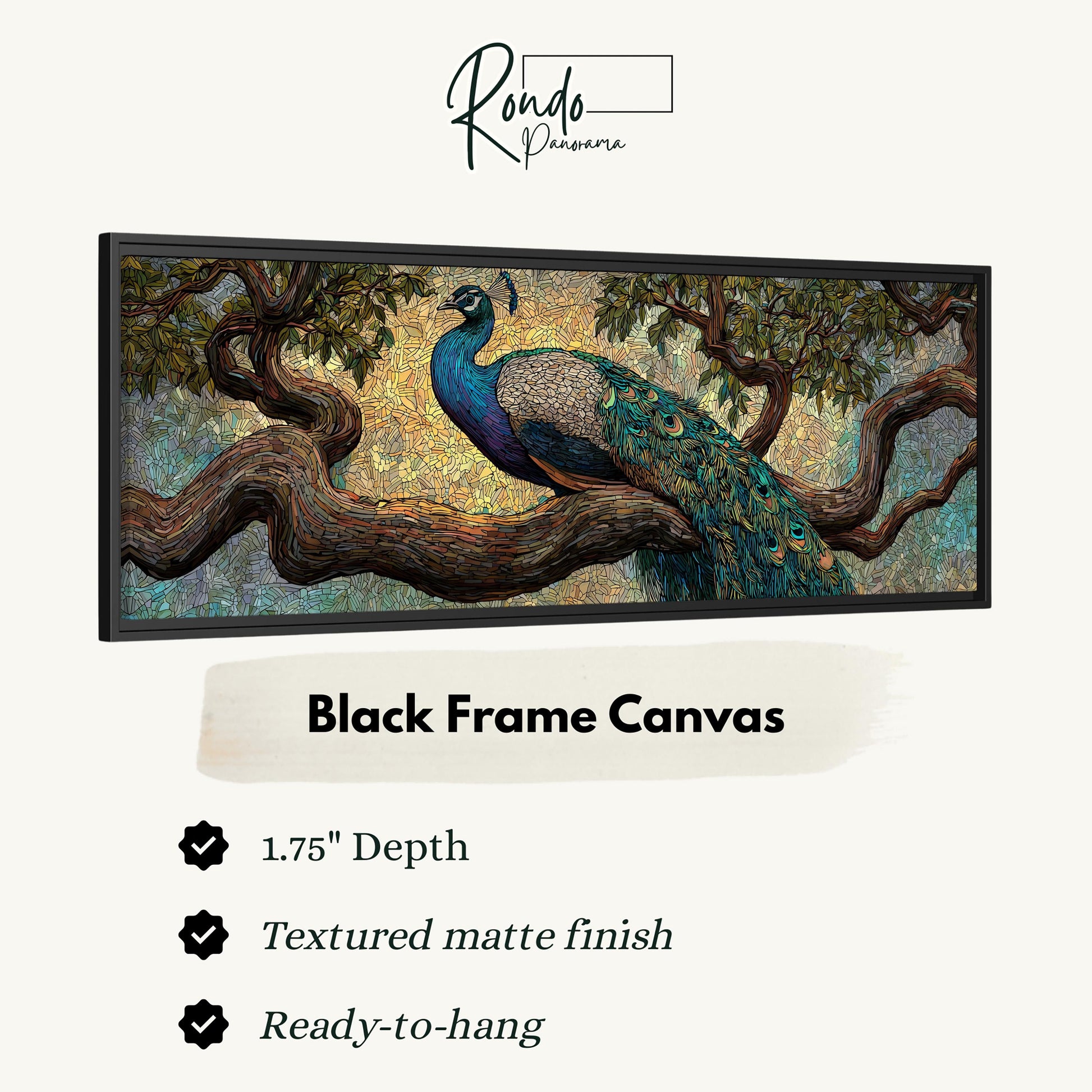 The image is a framed painting of a peacock perched on a tree branch.