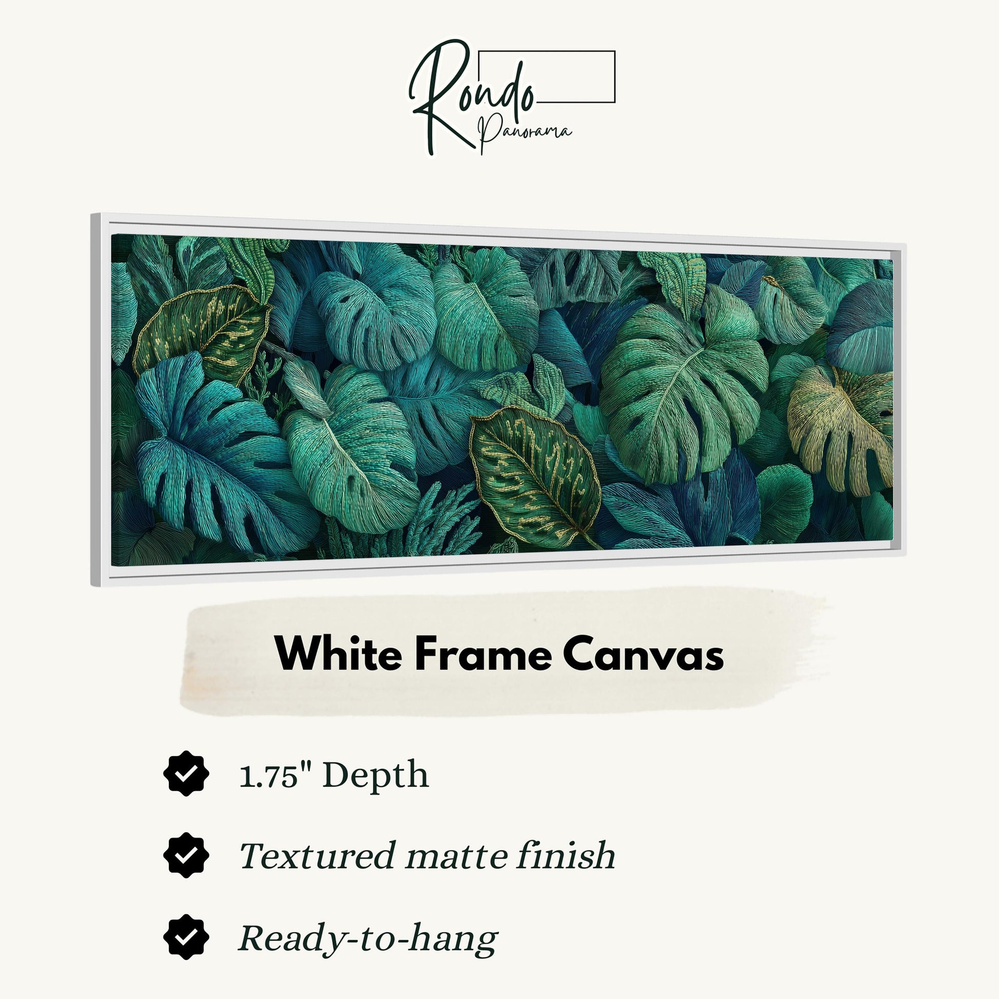 The image is a white frame canvas featuring a close-up of a variety of tropical leaves in shades of green and blue.