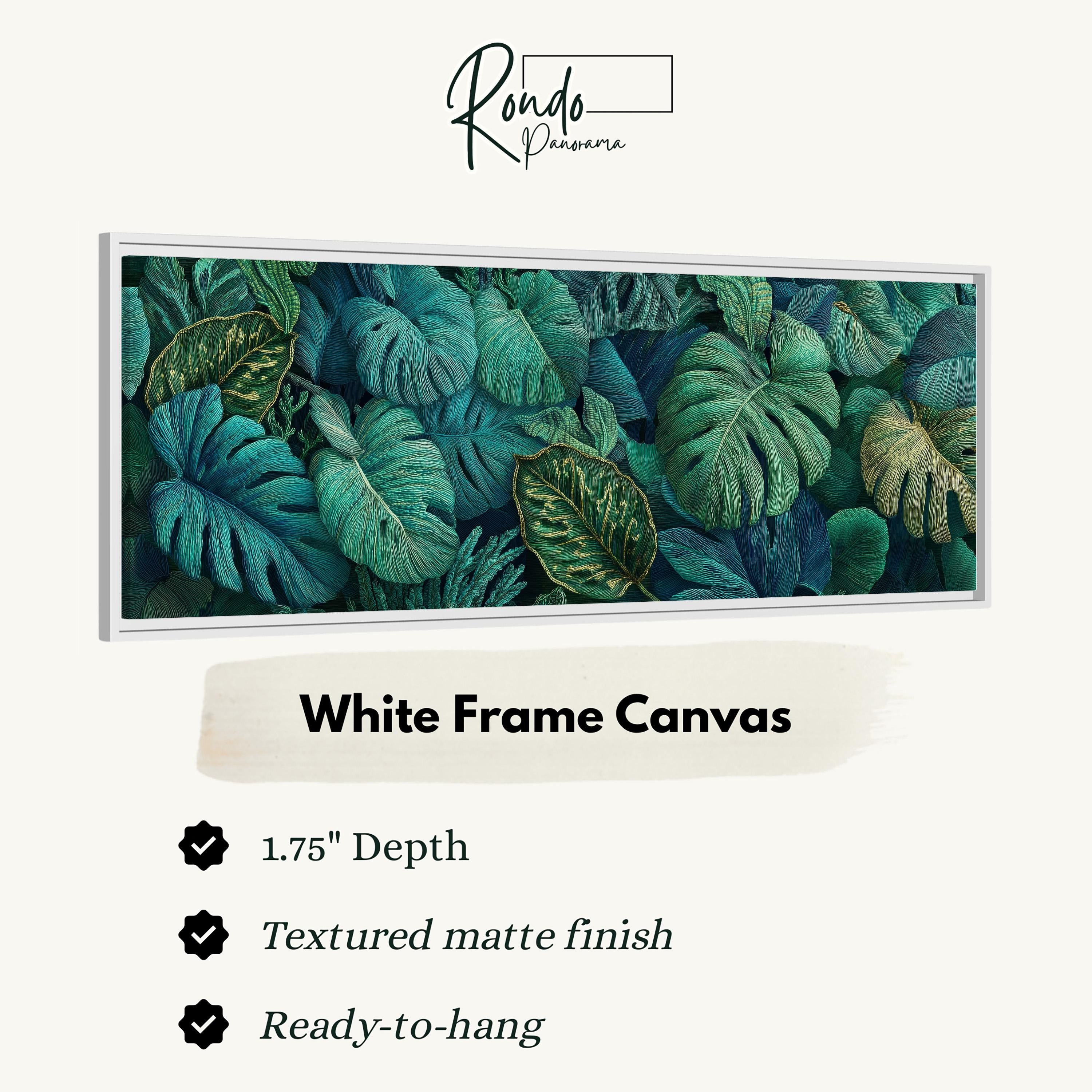 The image is a white frame canvas featuring a close-up of a variety of tropical leaves in shades of green and blue.