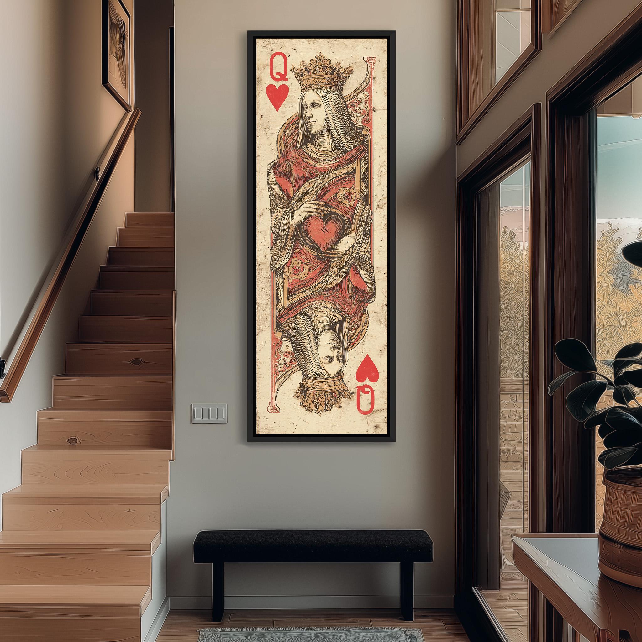 a large painting of a queen of spades playing card, hanging on the wall in a hallway.