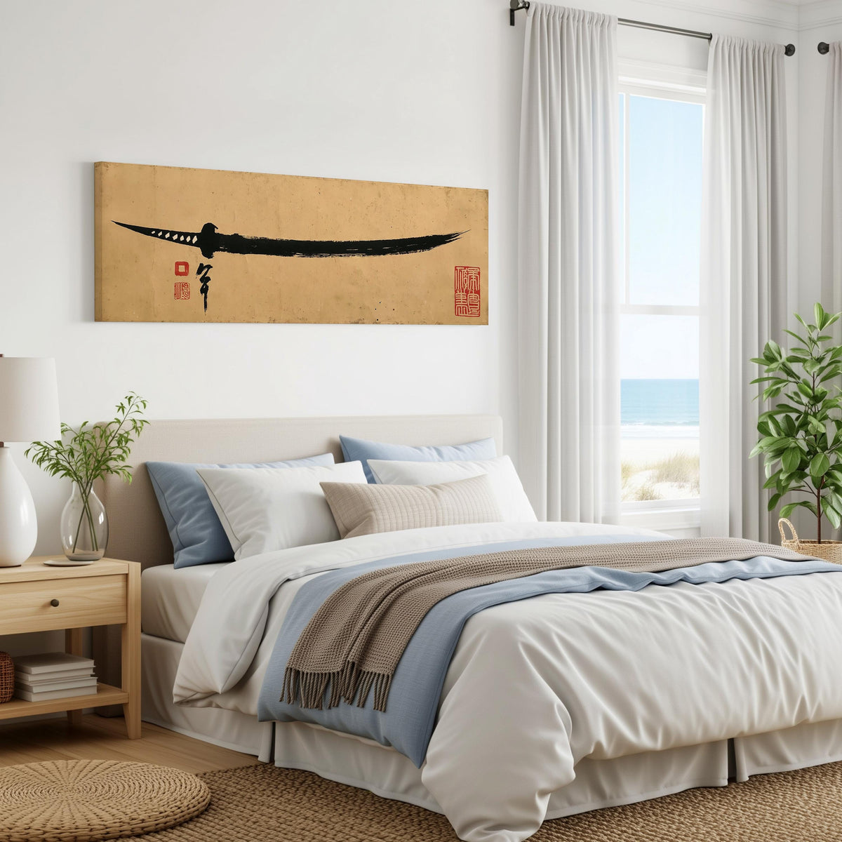 Ink brush katana panoramic canvas print above a bed in a coastal bedroom