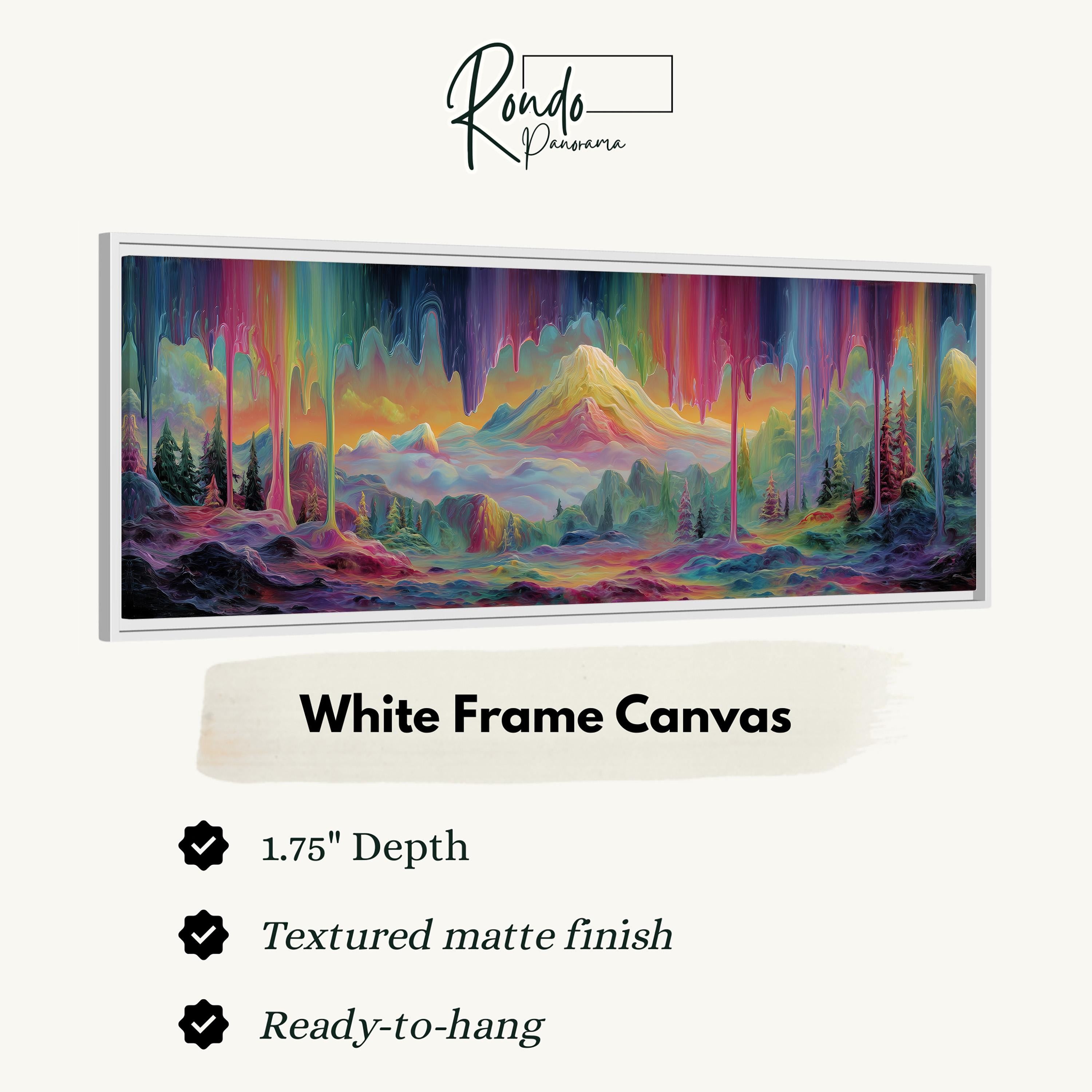 The image is a white frame canvas depicting a colorful, abstract landscape with mountains, trees, and a rainbow-like effect.