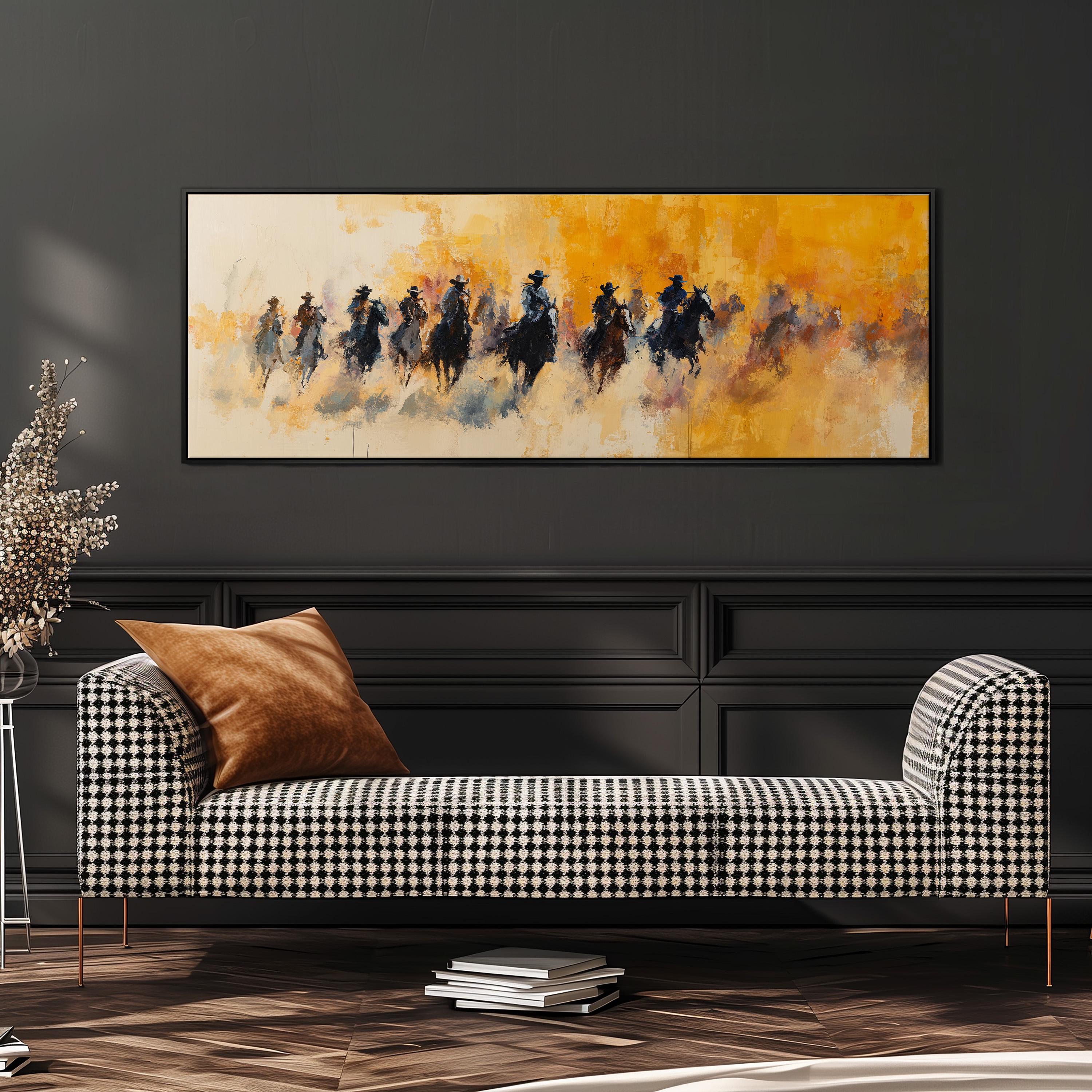 a large painting of horses and riders on a checkered couch in a living room setting.