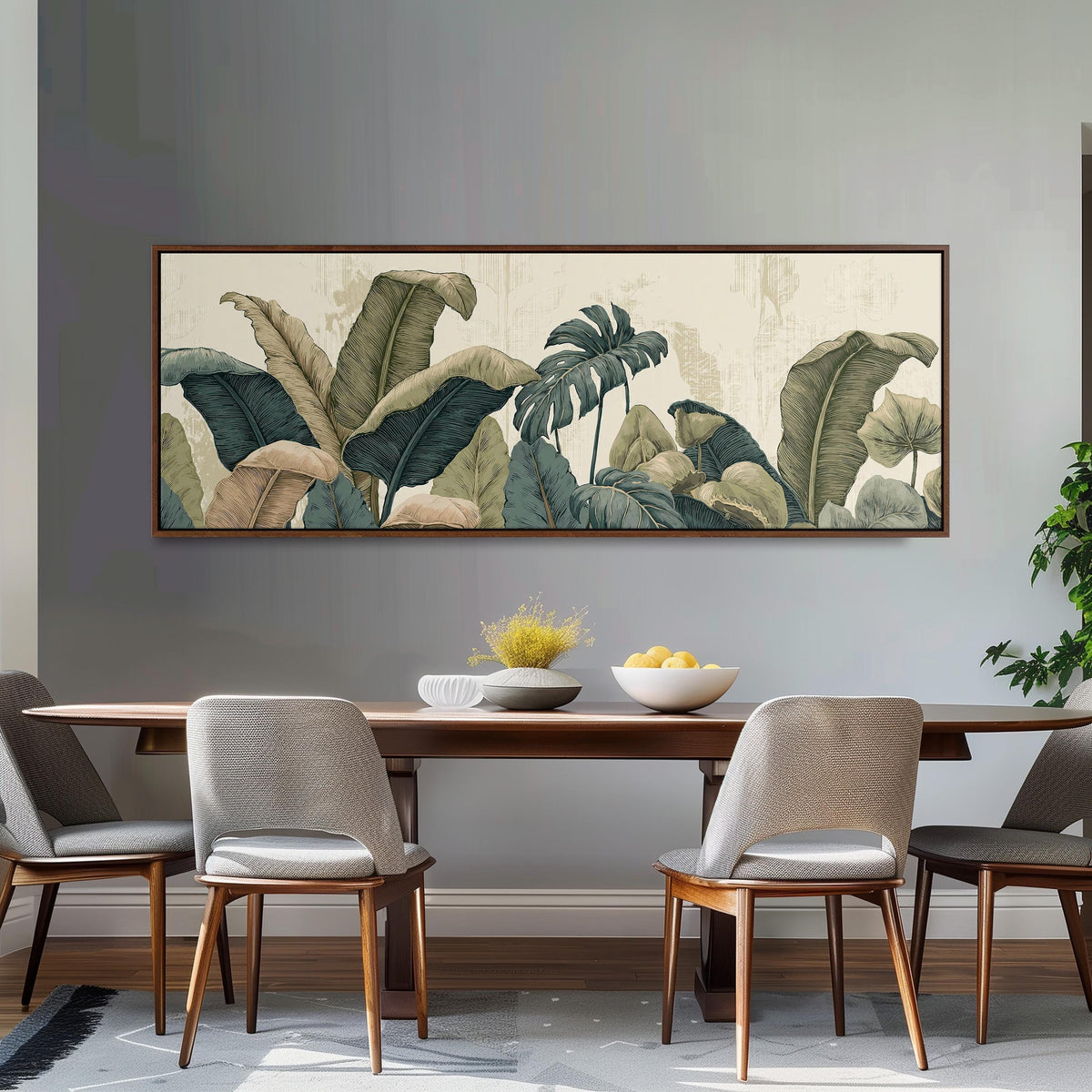 Vintage tropical leaves long horizontal canvas print above a dining table