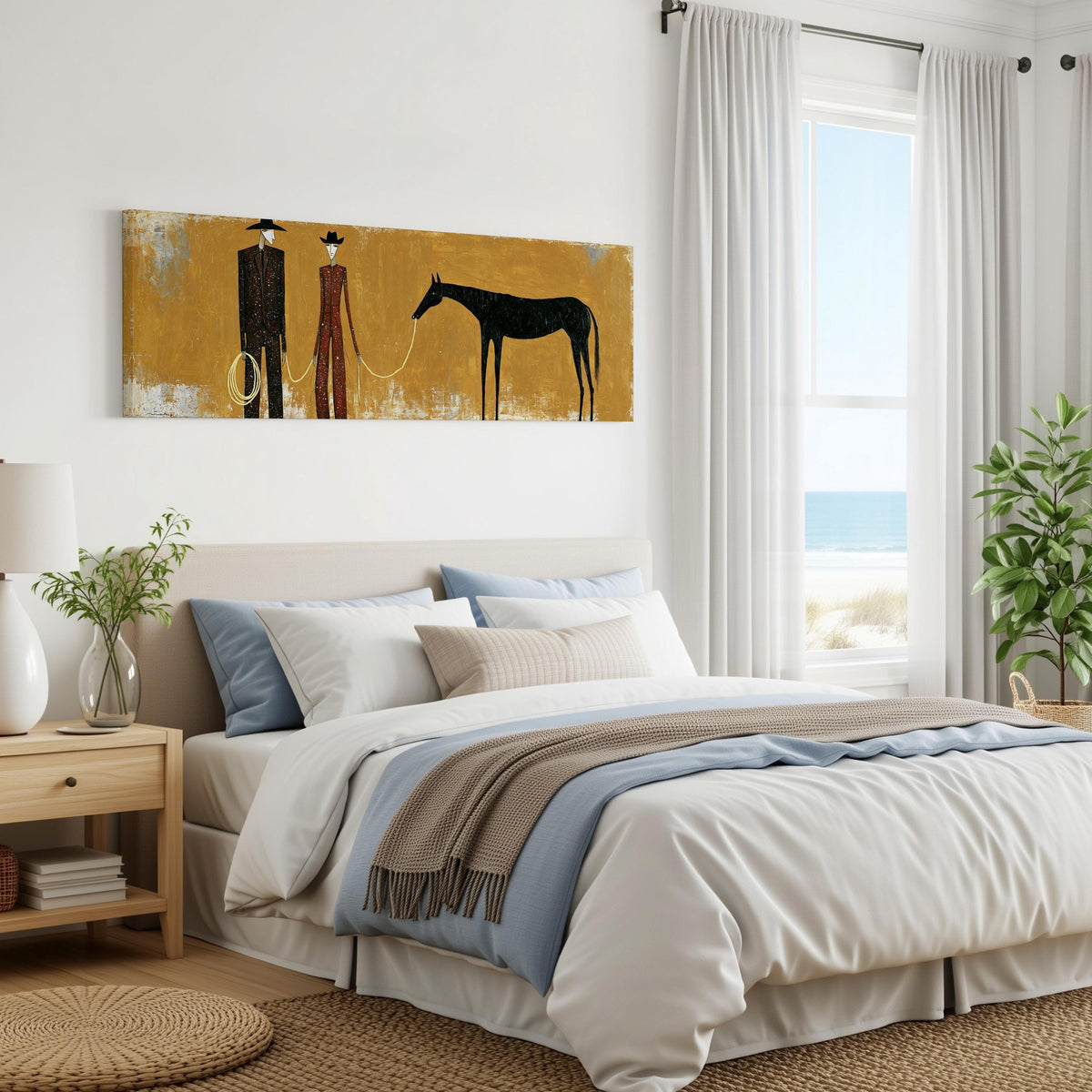 Two cowboys with a dark horse on gold panoramic canvas print above a bed in a coastal bedroom