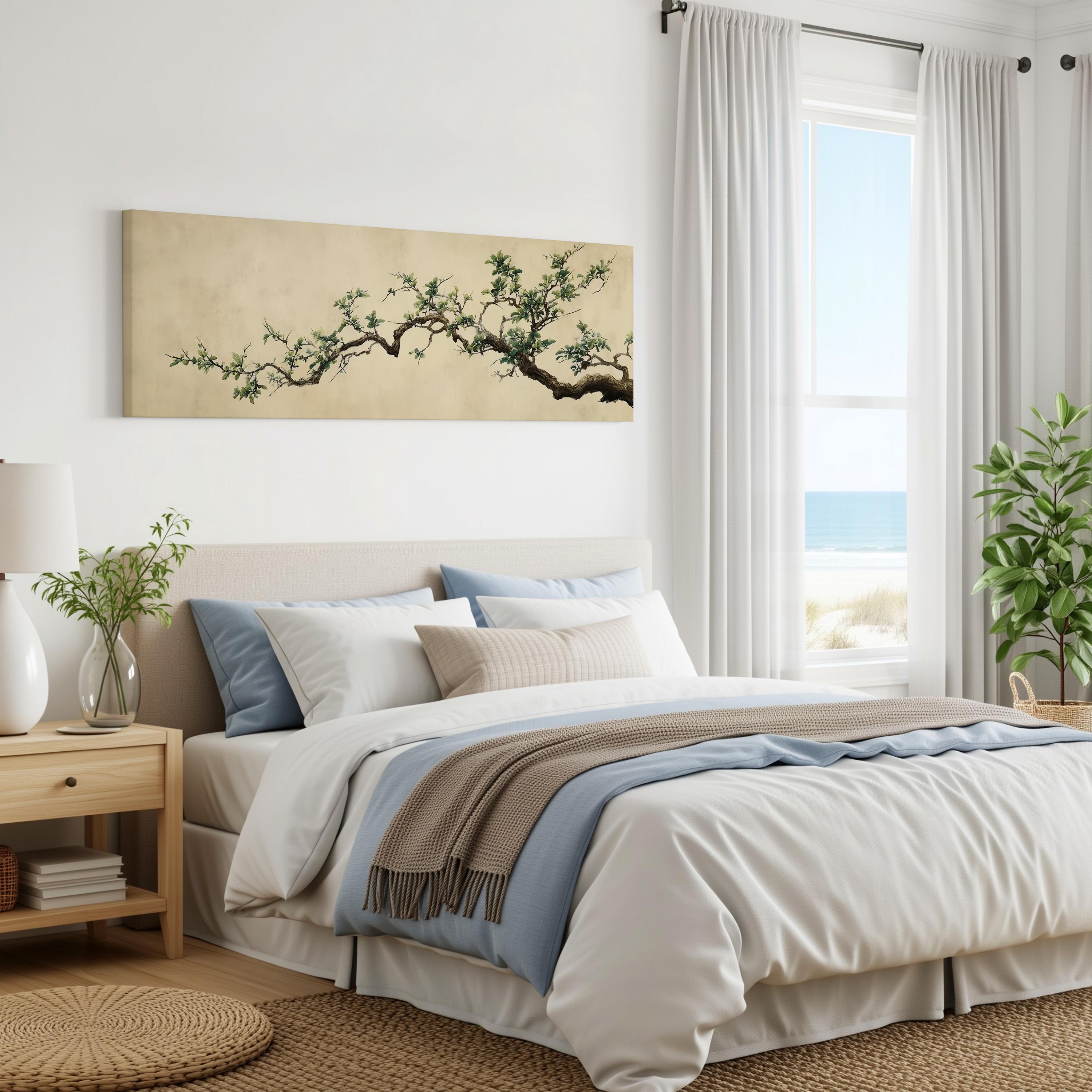 a serene bedroom with a large bed, a nightstand, and a painting of a tree branch on the wall. The room has a calming and peaceful atmosphere, with natural elements like plants and a view of the ocean through the window.