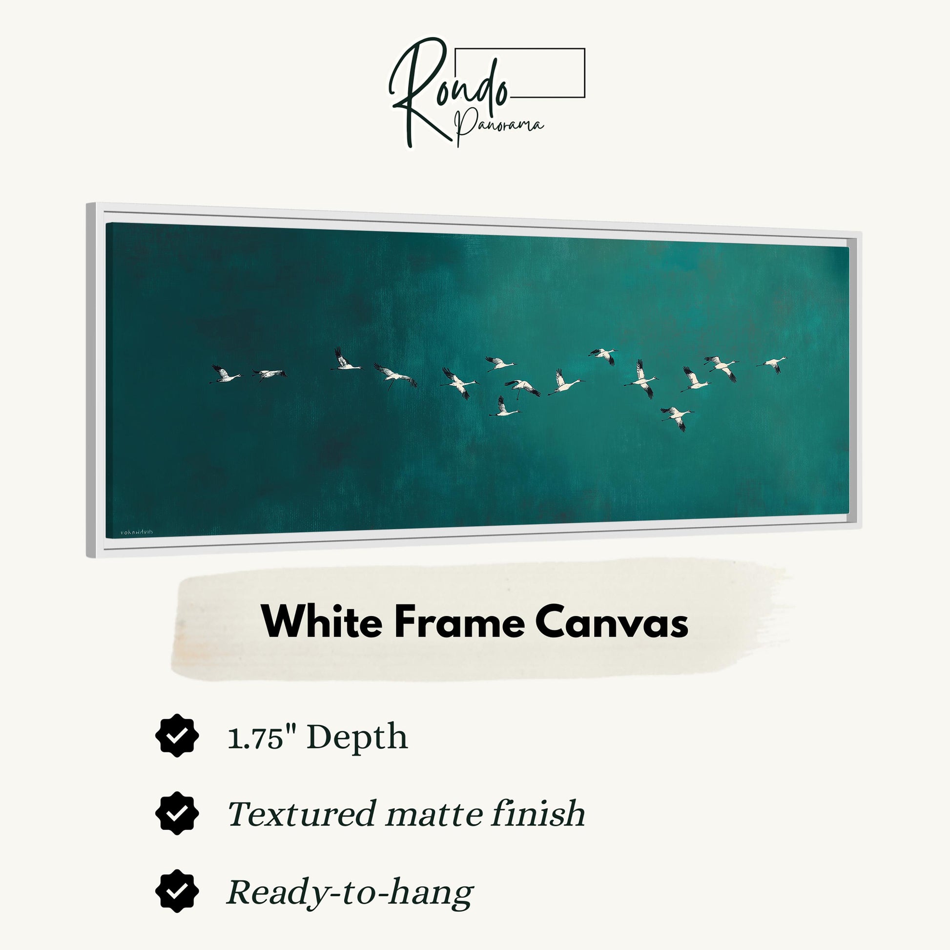 A white frame canvas depicting a flock of birds flying over a body of water.