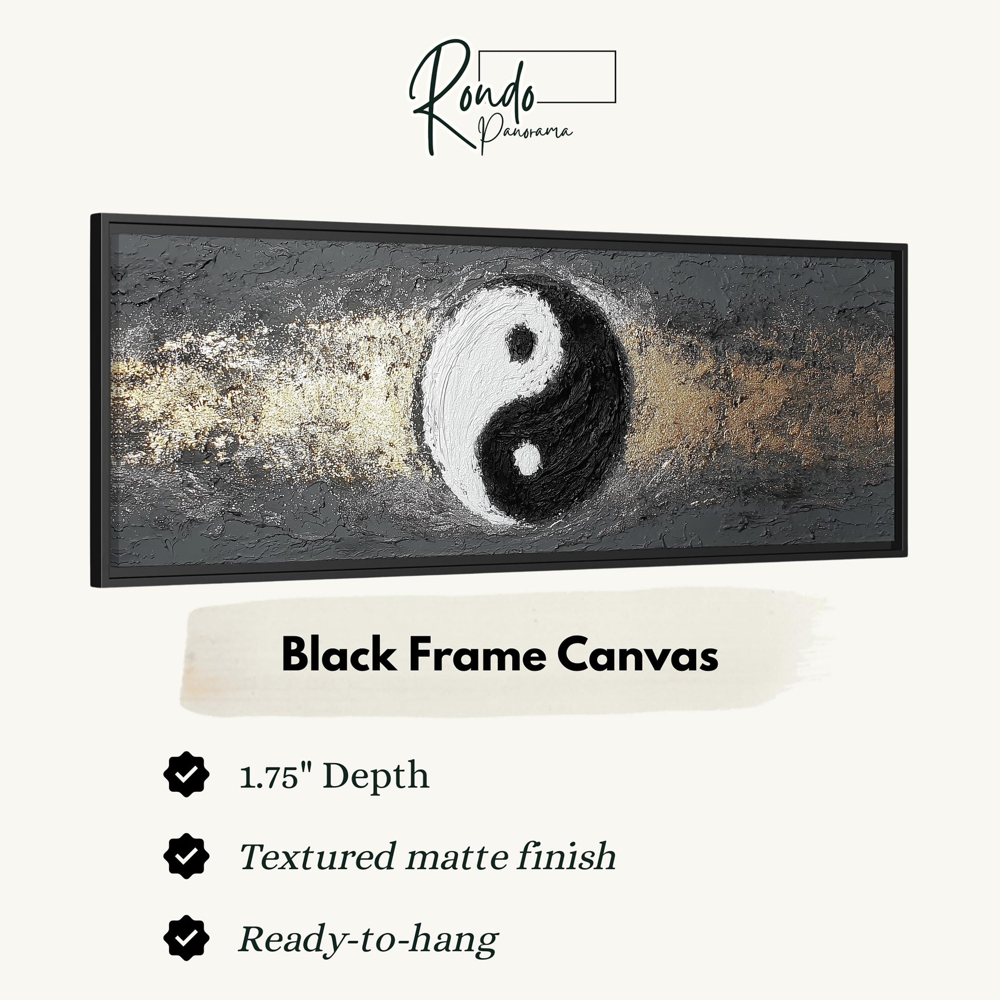 The image is a black frame canvas with a yin and yang symbol in the center, and it is described as a 1.75" depth canvas with a textured matte finish and ready-to-hang.