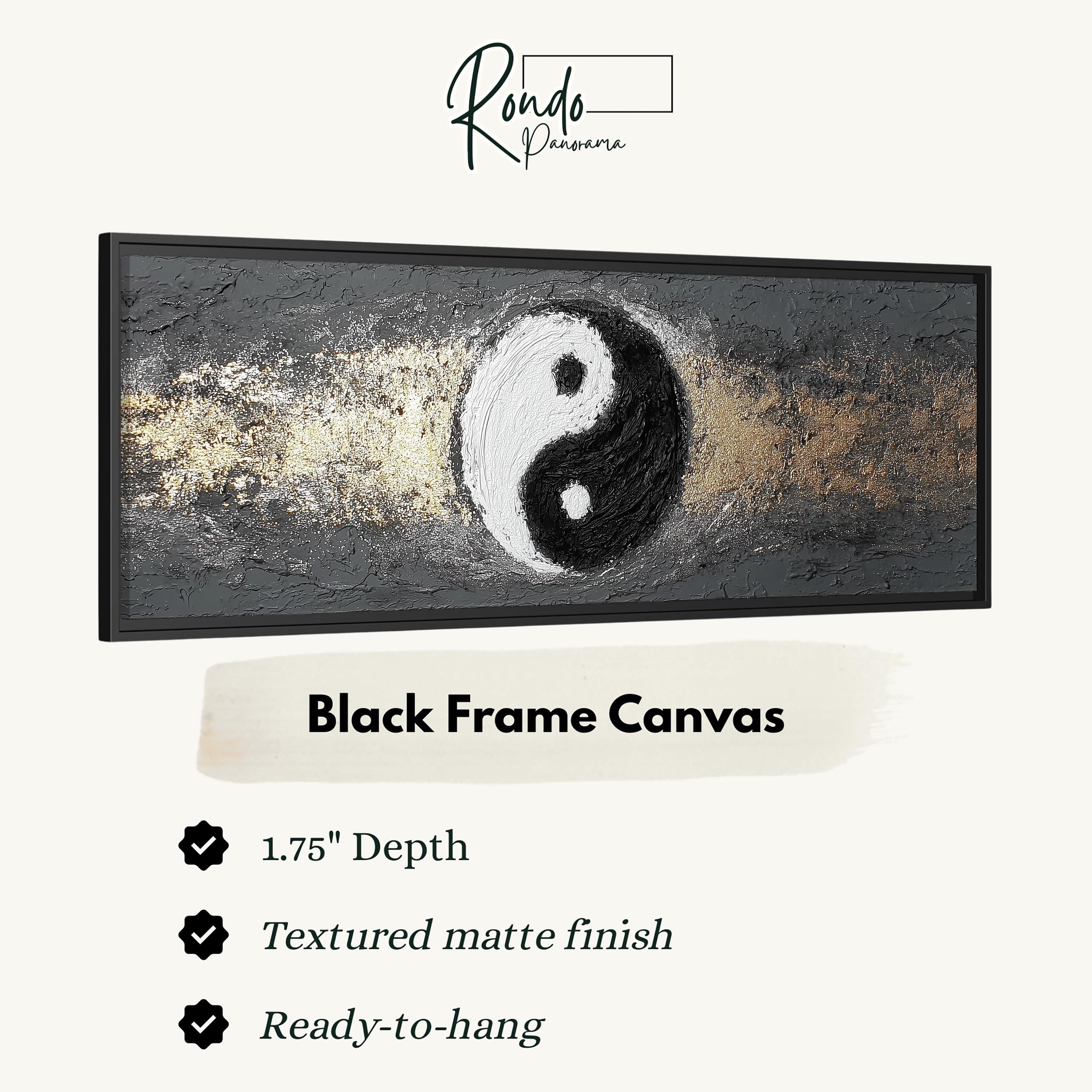The image is a black frame canvas with a yin and yang symbol in the center, and it is described as a 1.75" depth canvas with a textured matte finish and ready-to-hang.
