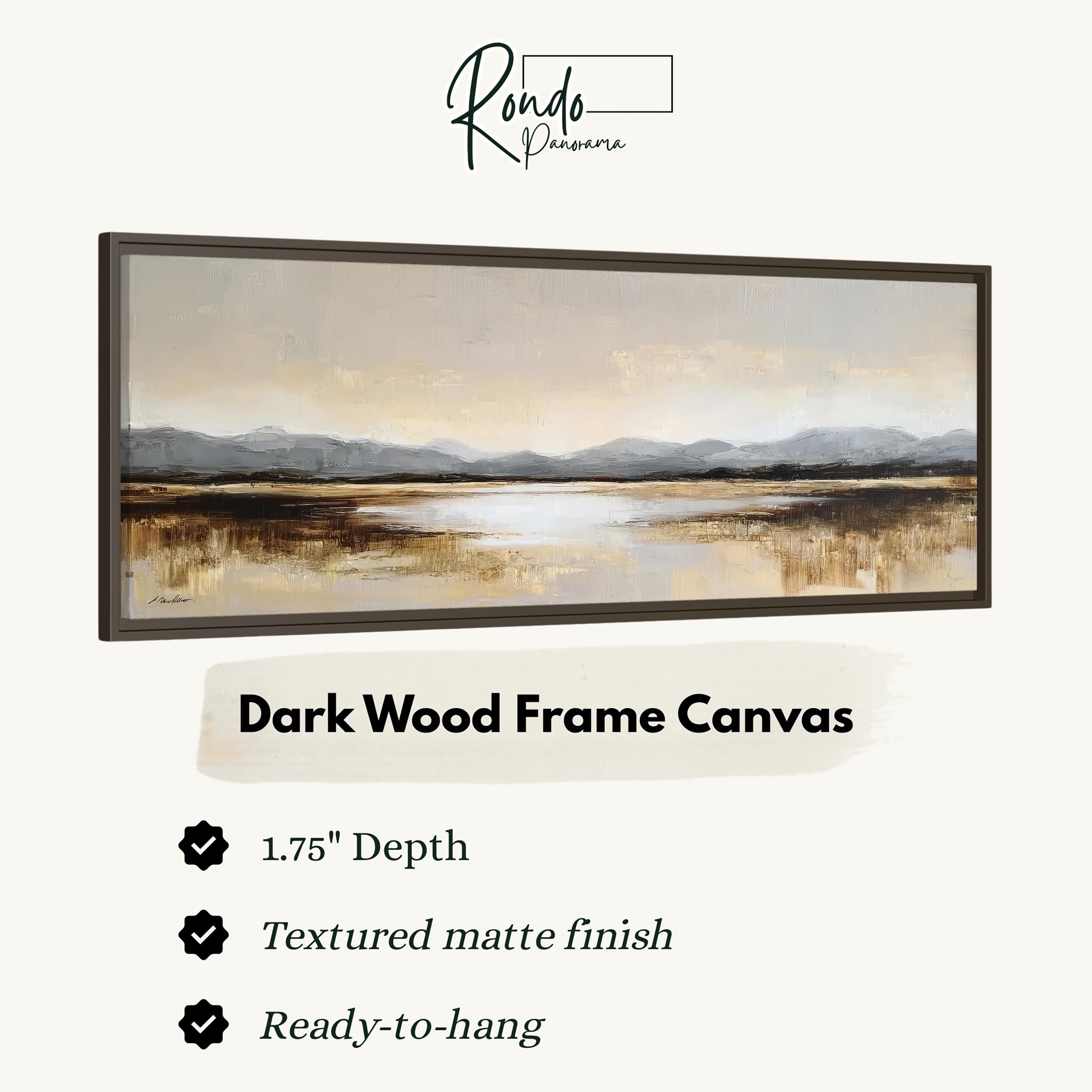The image is a framed artwork depicting a serene landscape with a lake and mountains in the background.