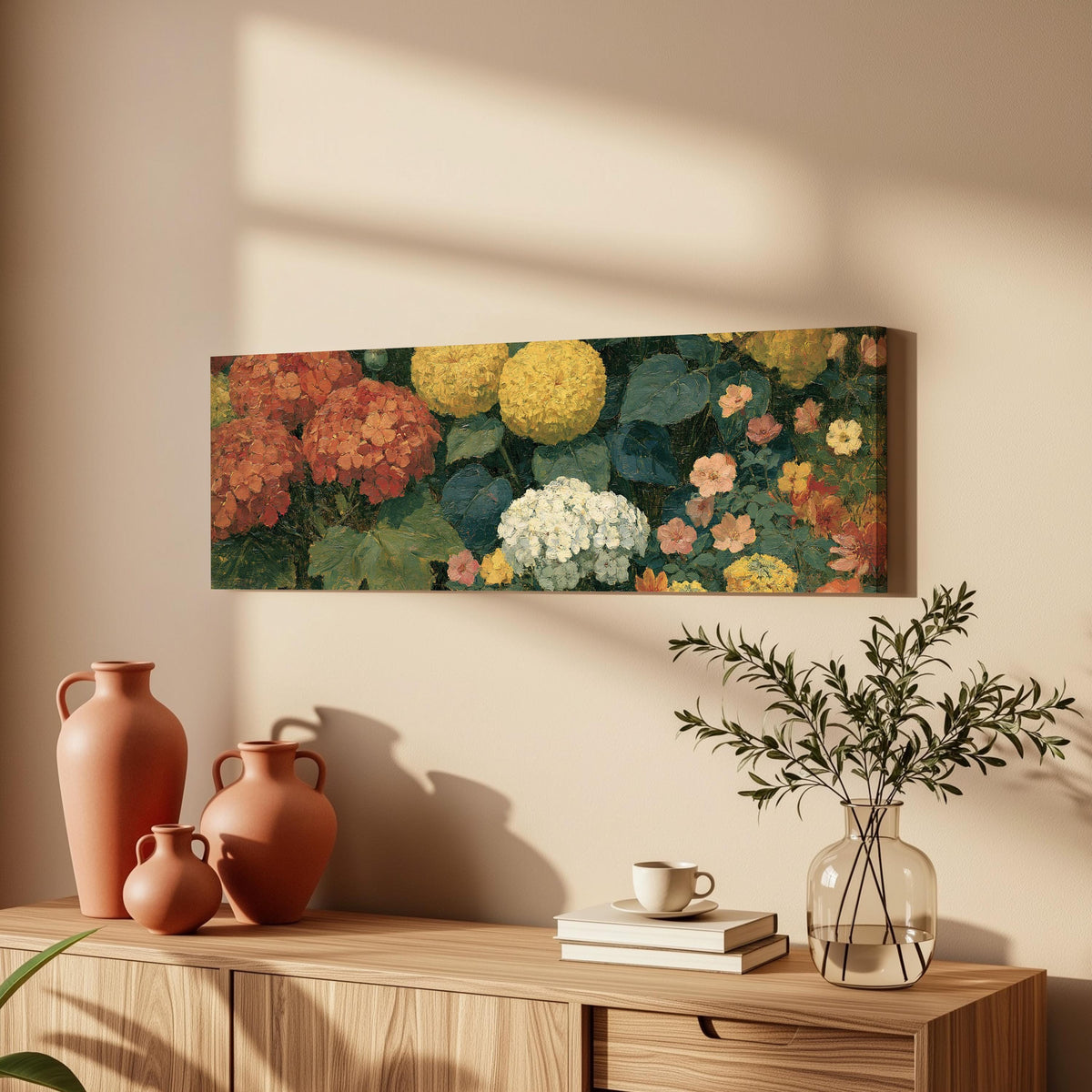 Warm hydrangea and dahlia bouquet long horizontal canvas print above a wooden sideboard