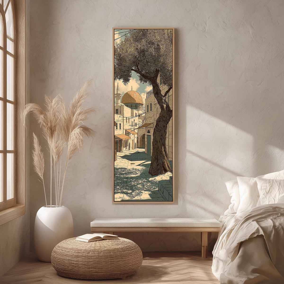 Jerusalem old city street with an olive tree long vertical canvas print in a bright reading corner