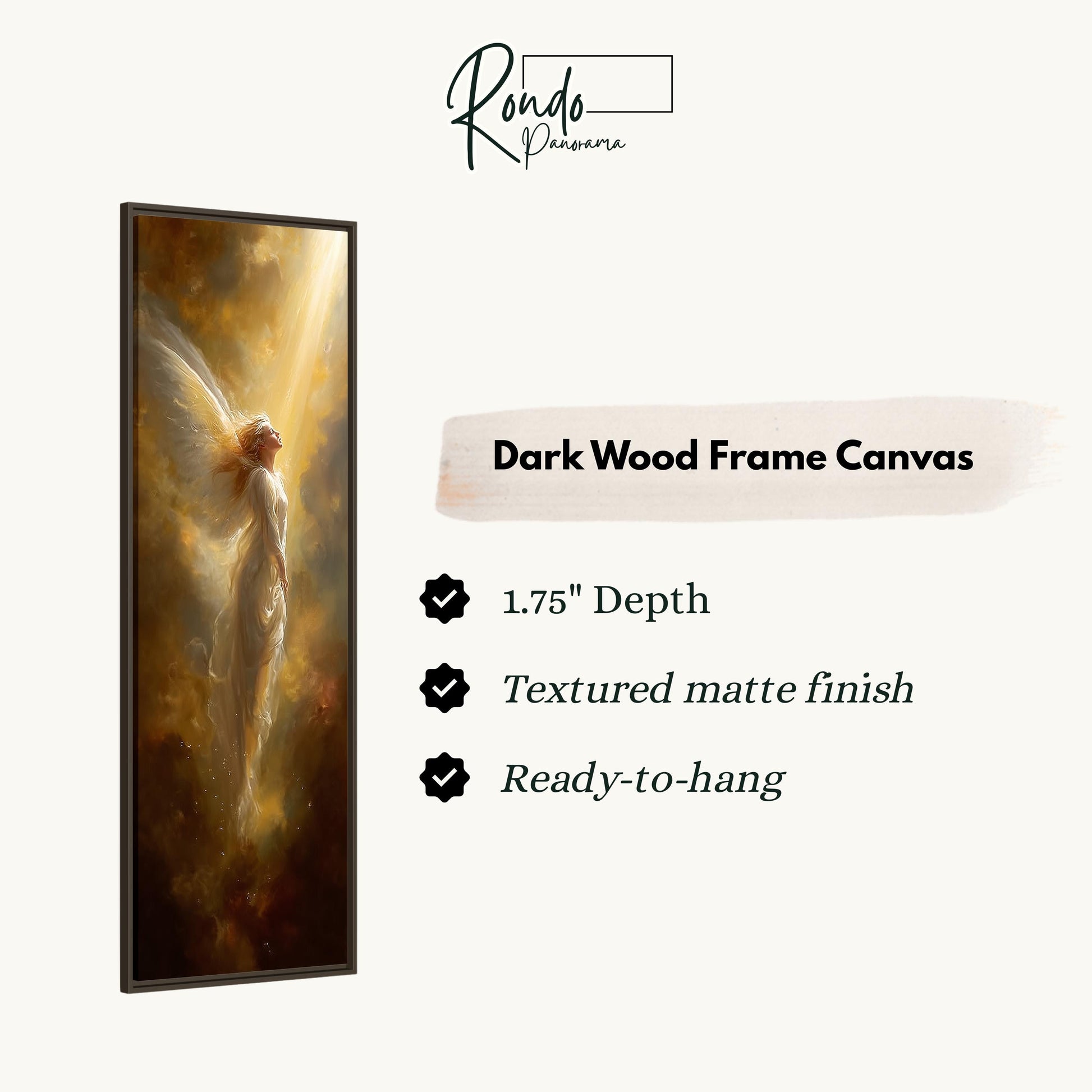 The image is a dark wood frame canvas depicting a winged figure with a golden hue, set against a backdrop of swirling clouds and light.