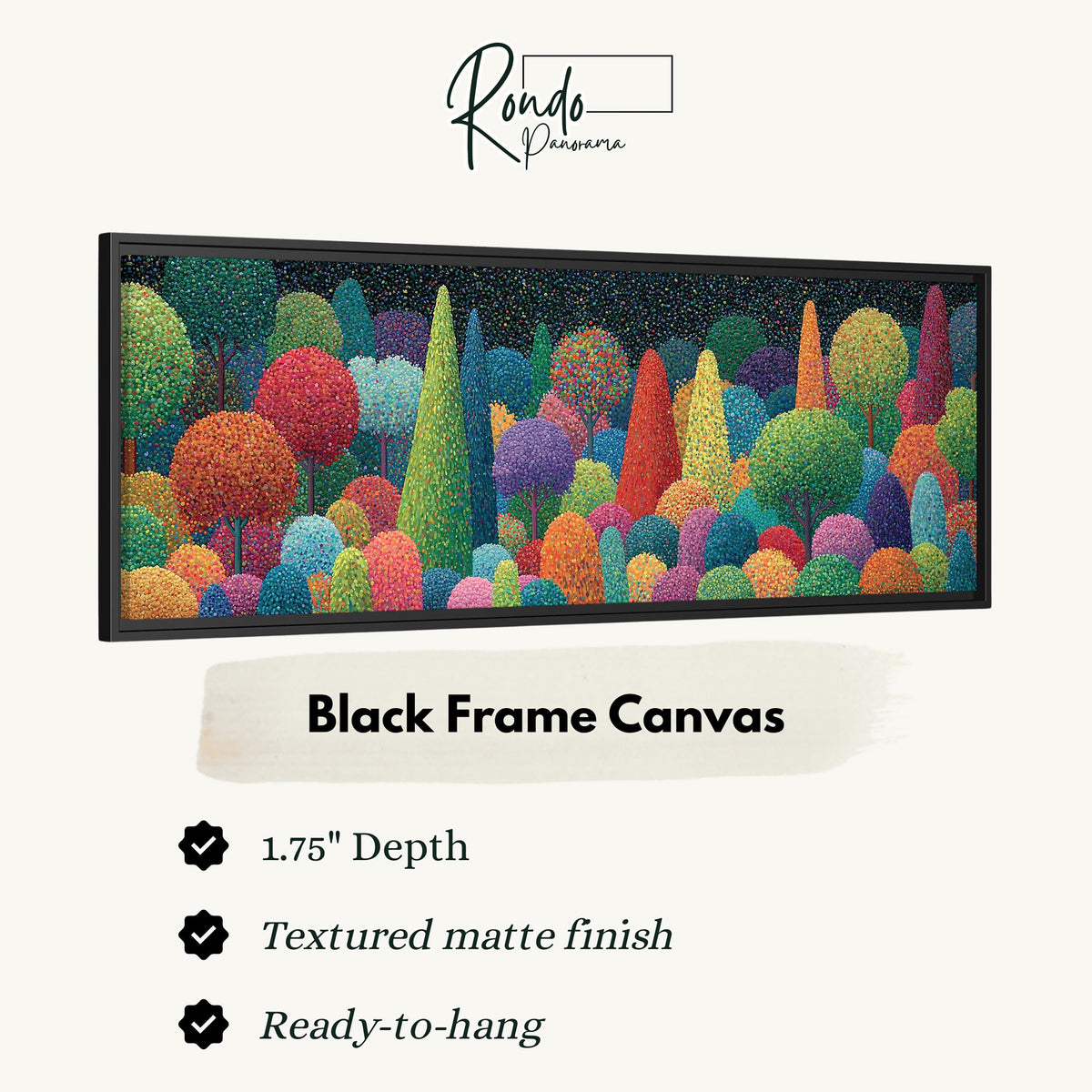 Whimsical rainbow pointillist forest canvas print in a black floating frame