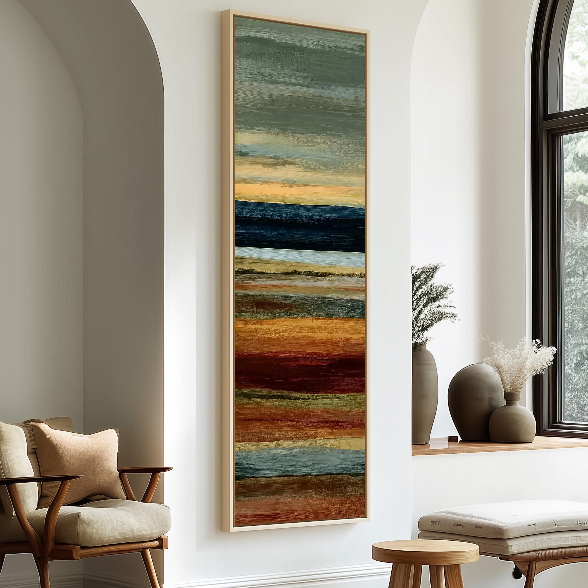 a modern living room with a large abstract painting hanging on the wall, a wooden chair, a small table, and a window with a plant on the sill.
