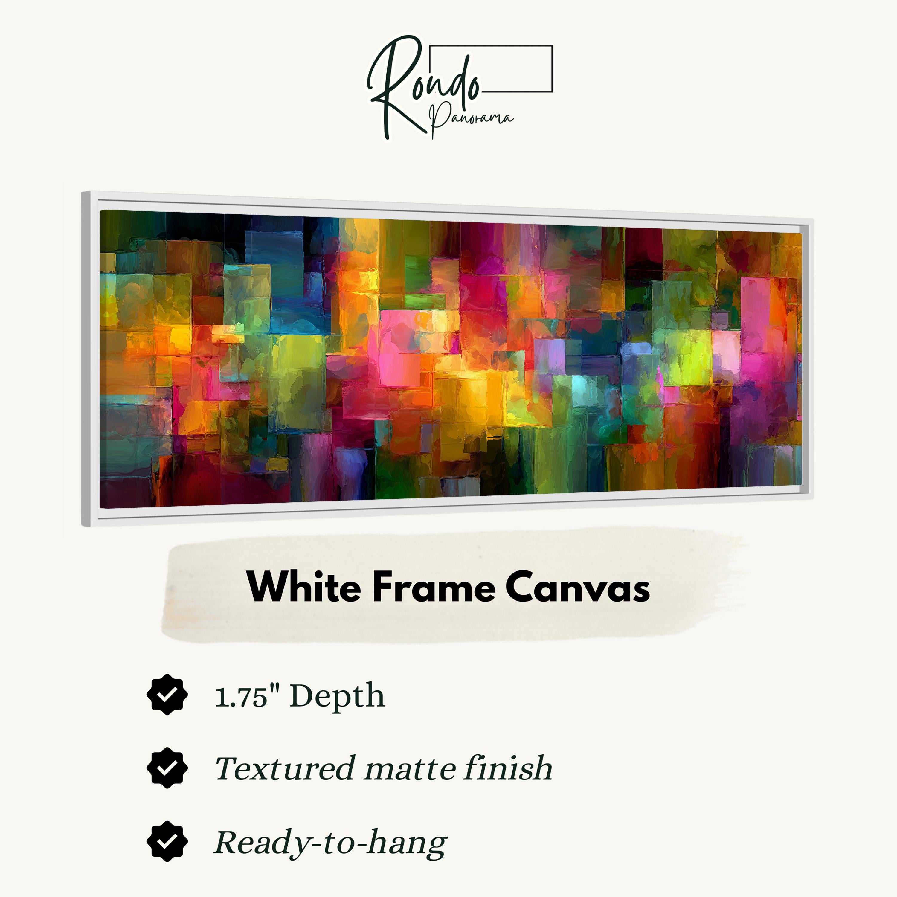The image is a collage of various colorful abstract artworks, and it is described as a "White Frame Canvas" with a "1.75" depth and a "Textured matte finish". It is also described as a "Ready-to-hang".