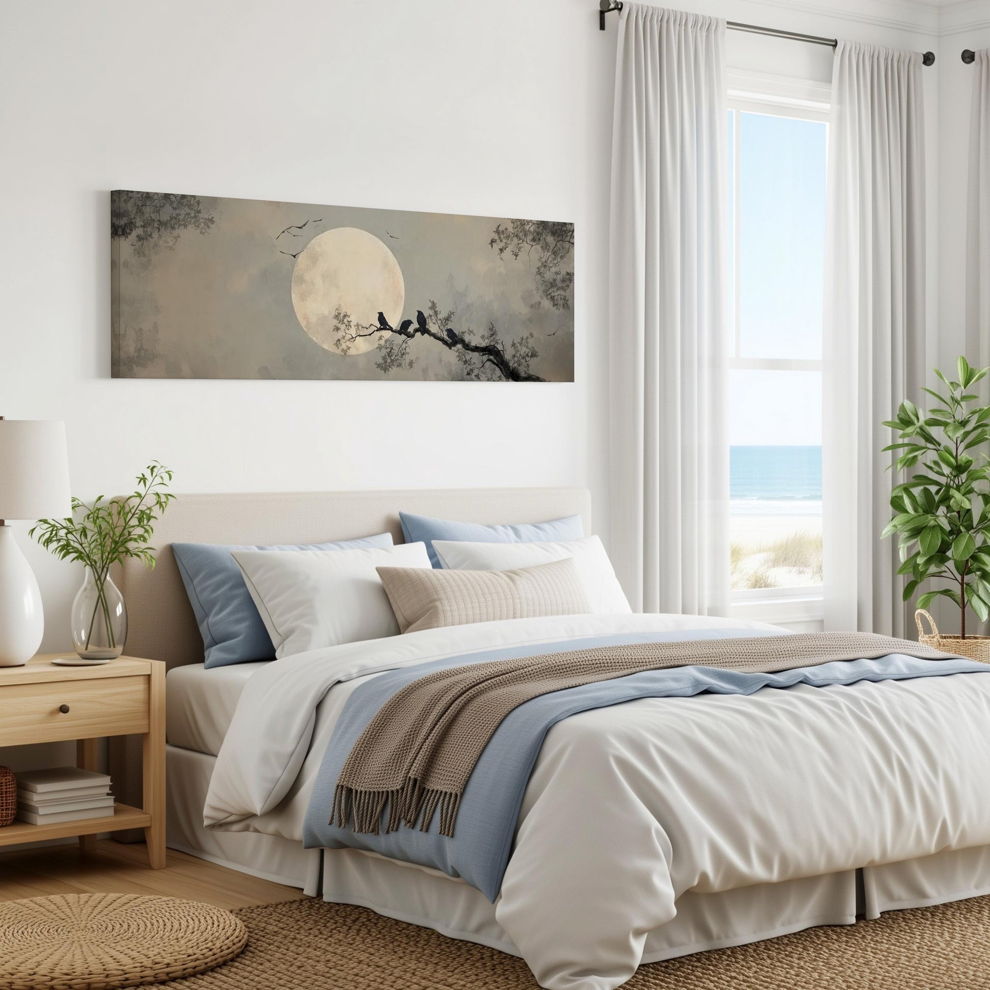 a serene bedroom scene with a large bed, a nightstand, and a painting of a moonlit tree branch with birds perched on it. The room has white walls, a large window with white curtains, and a view of the ocean.