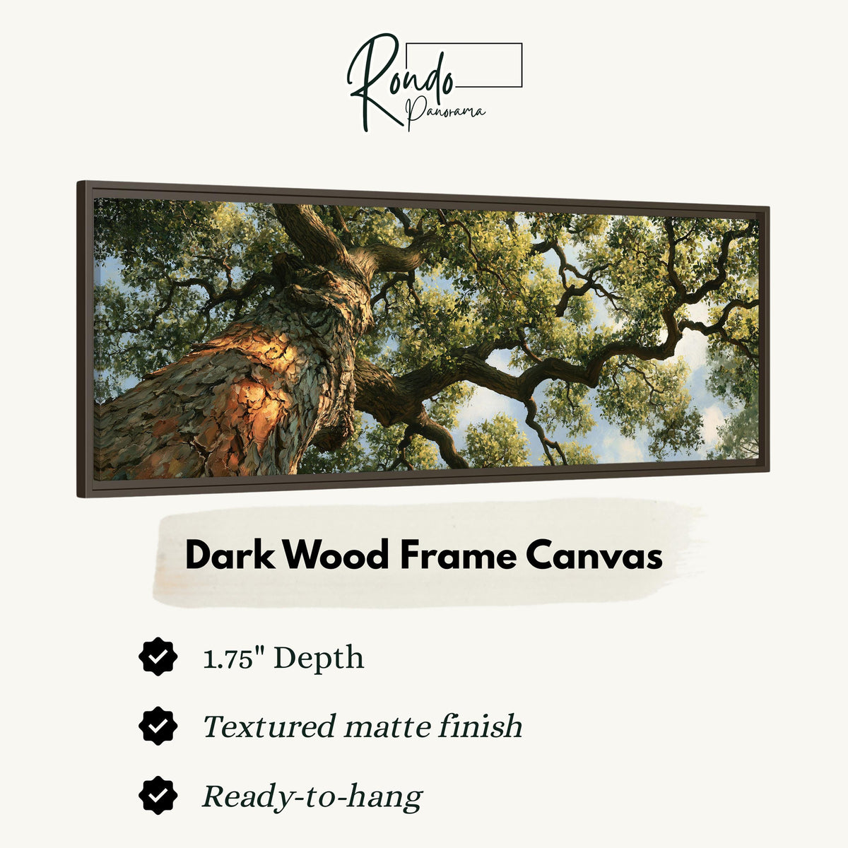 Ancient oak trunk and branches seen from below canvas print in a dark wood floating frame