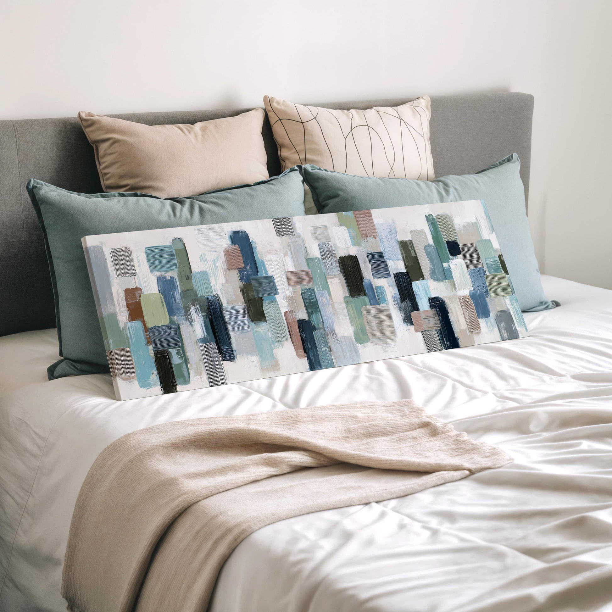 a bedroom with a bed covered in white sheets and a large abstract painting displayed on the bed.
