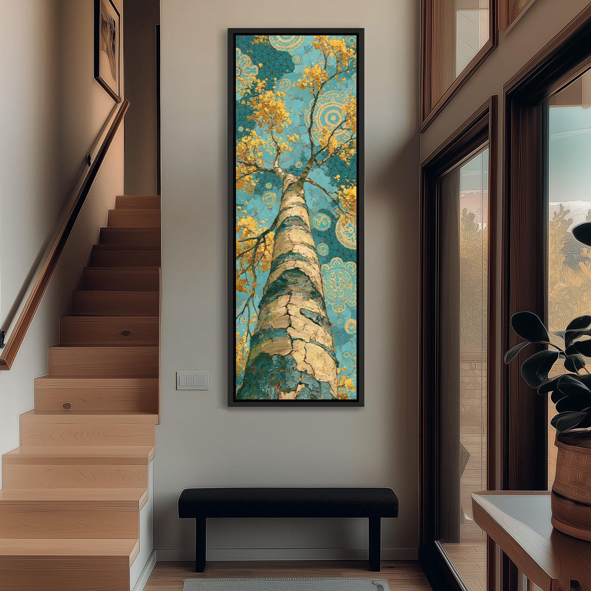 Golden birch tree rising into a mandala sky tall narrow canvas print beside a staircase in an entryway