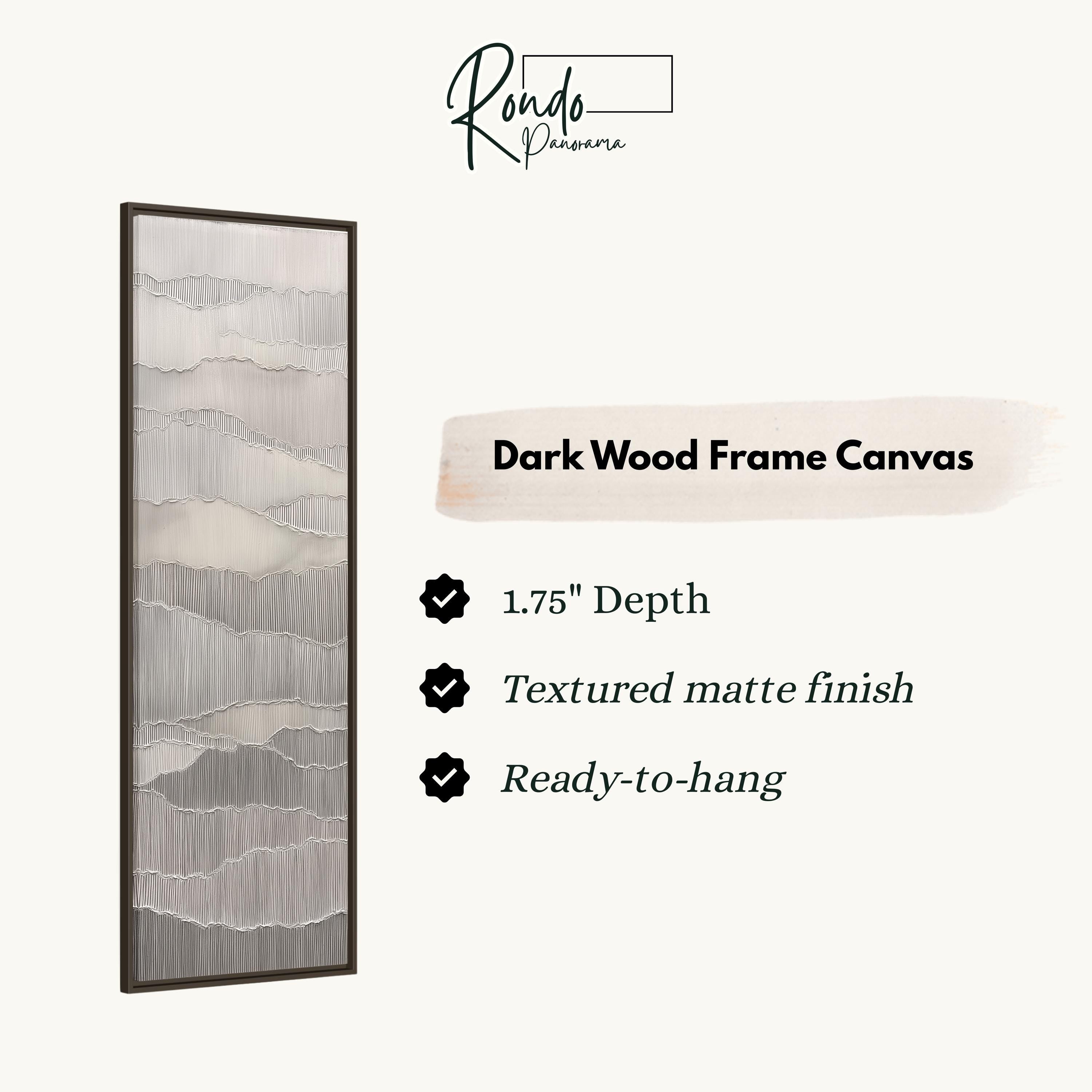 The image is a product description for a dark wood frame canvas. It features a vertical text box with information about the product, including its dimensions, finish, and hanging capabilities.