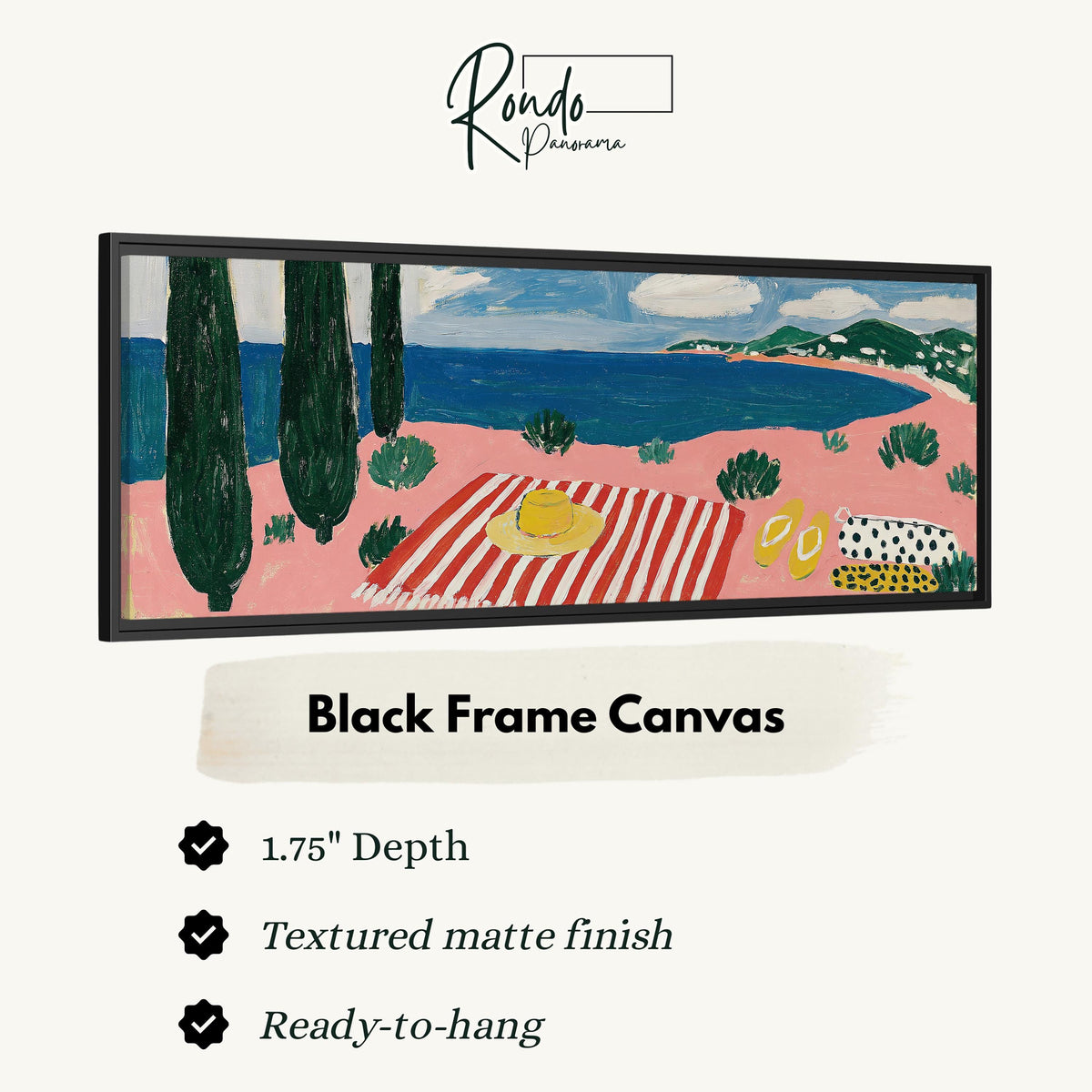 Mediterranean beach day with a striped towel canvas print in a black floating frame