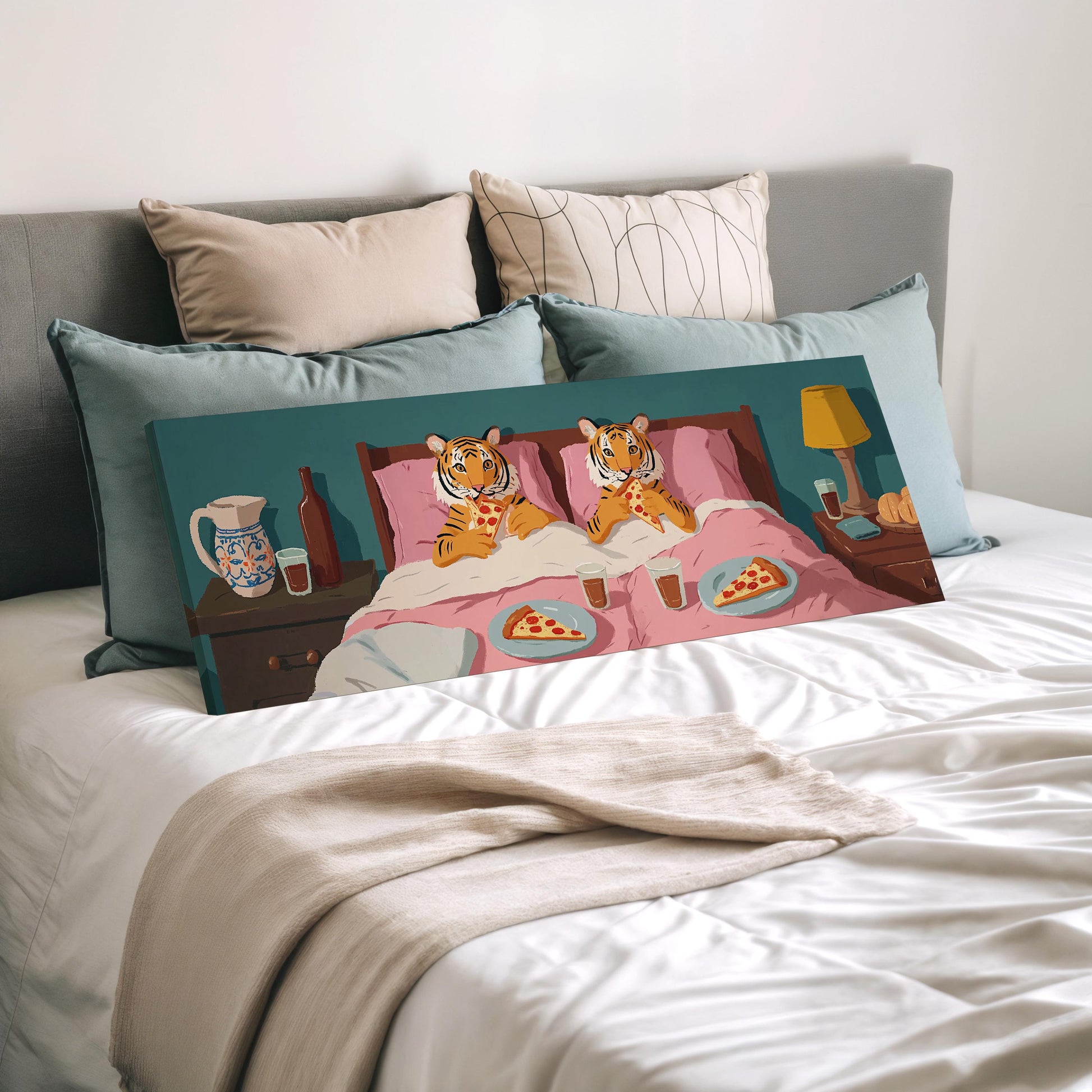 a cozy bedroom scene with two tiger-like creatures lying in bed, surrounded by various objects such as a lamp, a vase, and a plate of pizza.