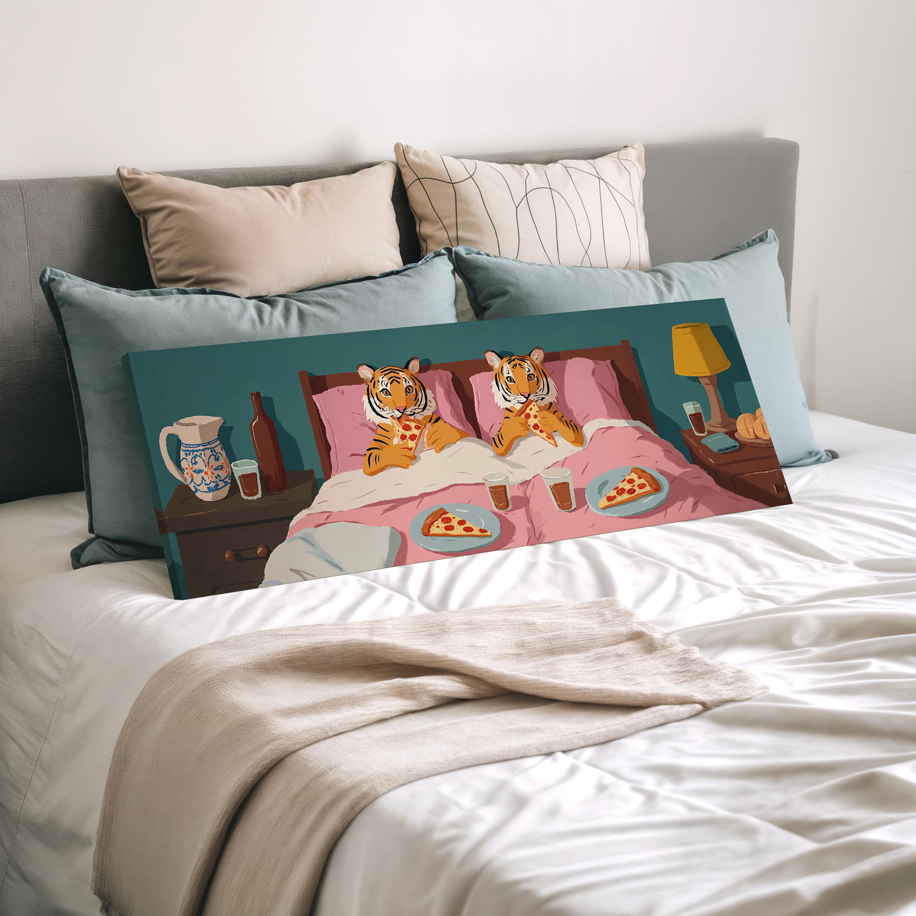 a cozy bedroom scene with two tiger-like creatures lying in bed, surrounded by various objects such as a lamp, a vase, and a plate of pizza.