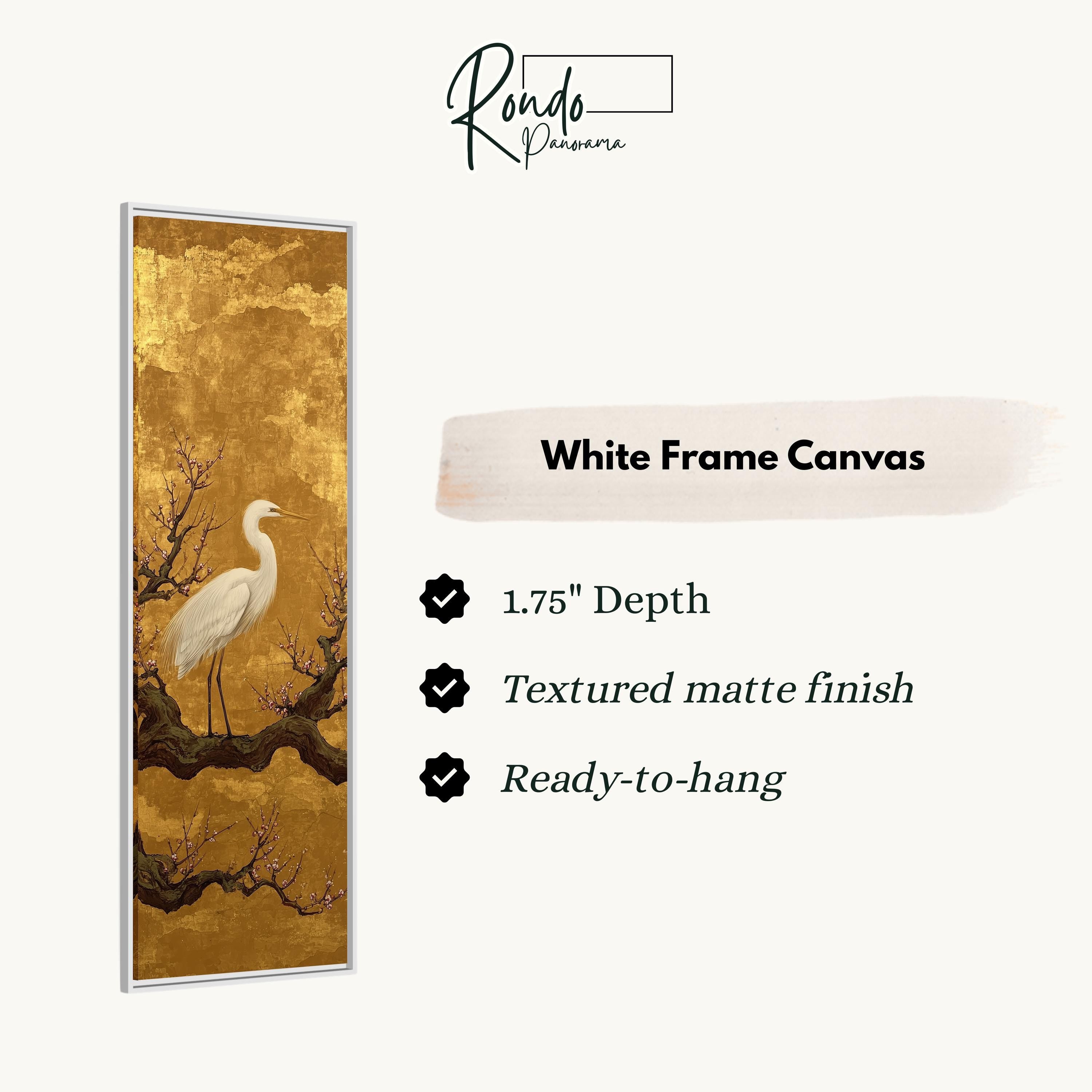 The image is a white frame canvas featuring a painting of a white crane standing on a branch.