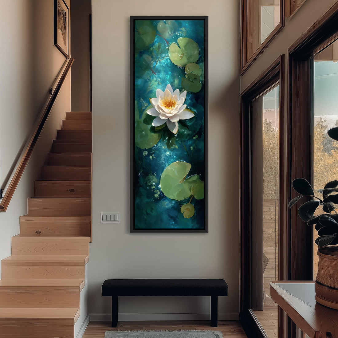 a large painting of a white lotus flower on a blue background, hanging on a wall in a hallway. The painting is framed and appears to be the focal point of the room.