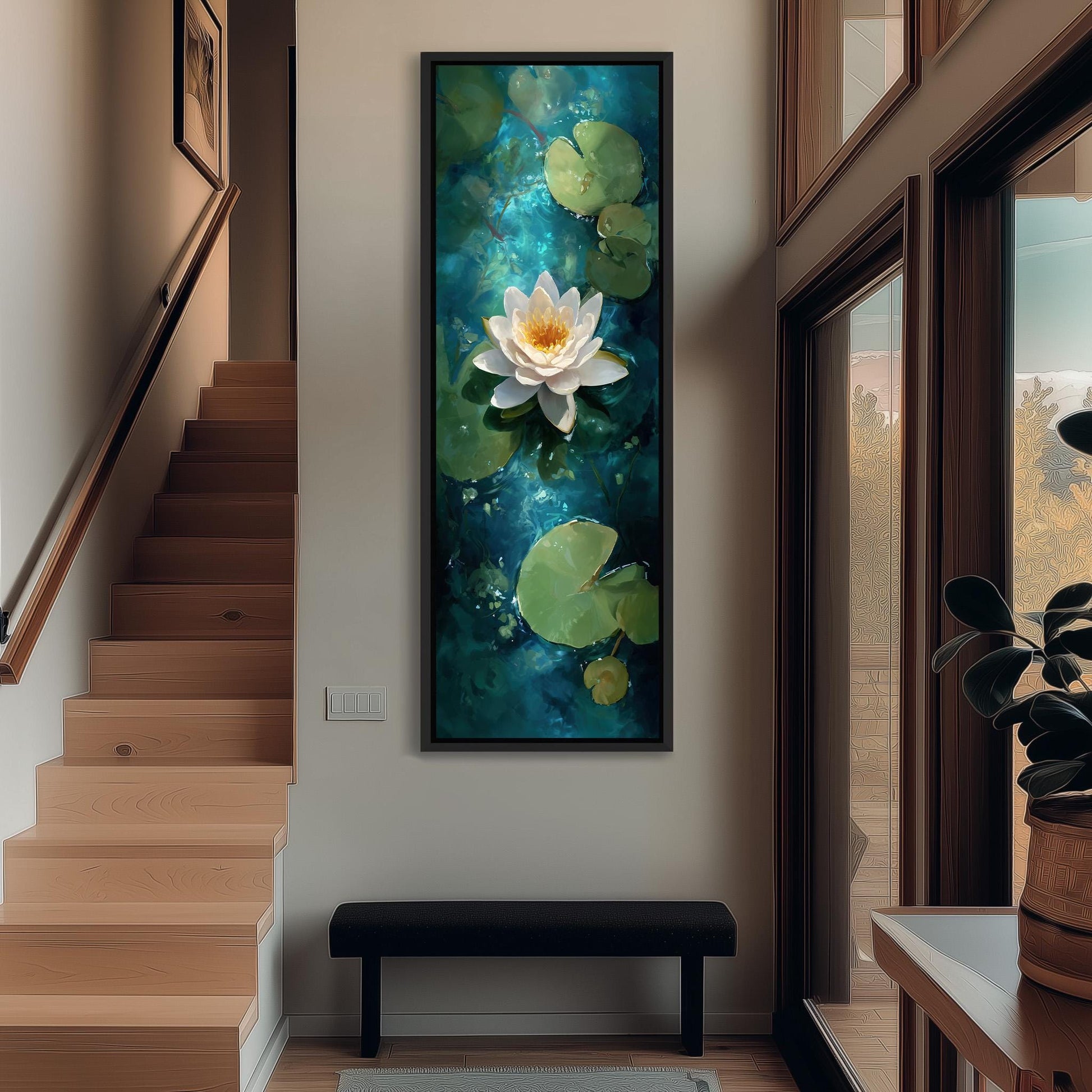 a large painting of a white lotus flower on a blue background, hanging on a wall in a hallway. The painting is framed and appears to be the focal point of the room.