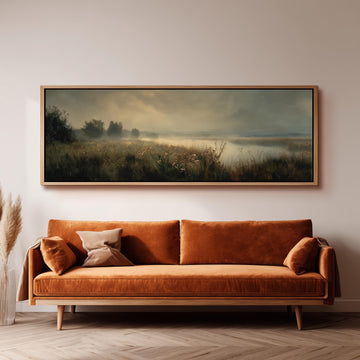 a large, rectangular painting hanging on a wall above a brown sofa with orange cushions.
