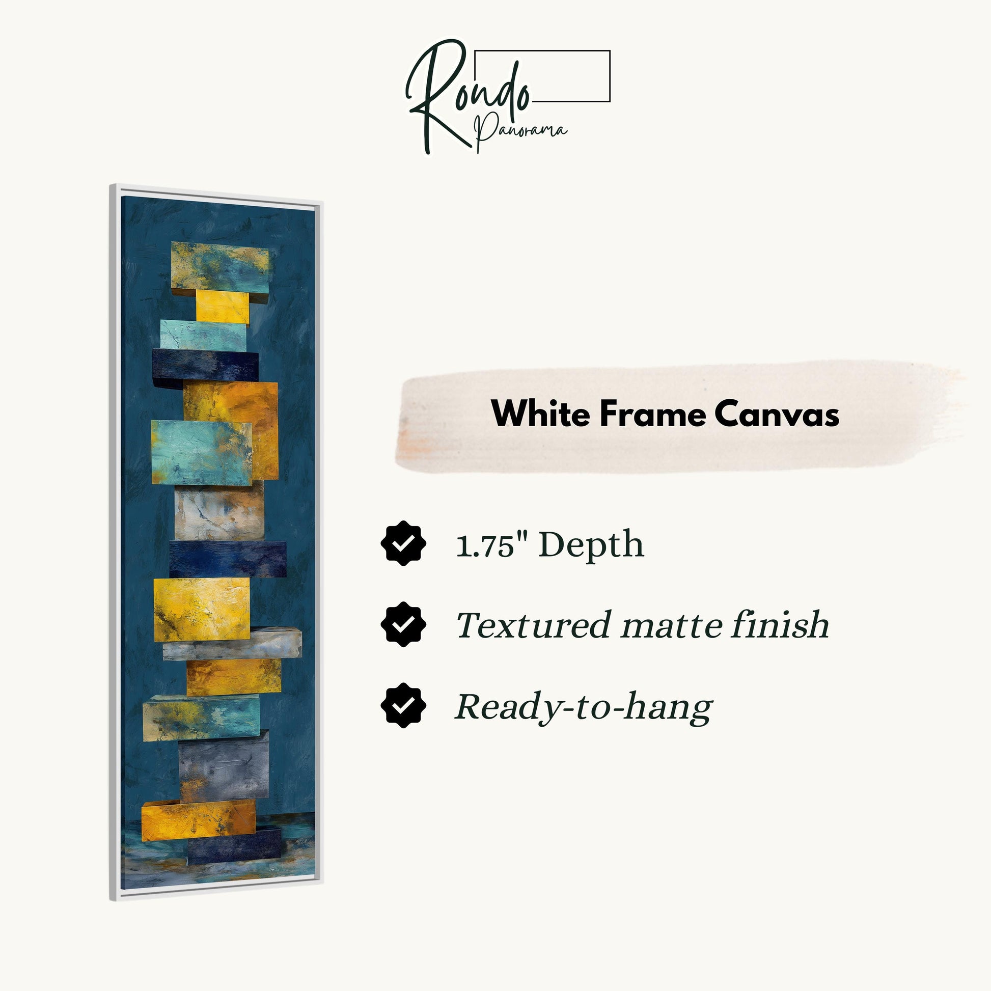 The image is a white frame canvas with a vertical abstract painting on it.