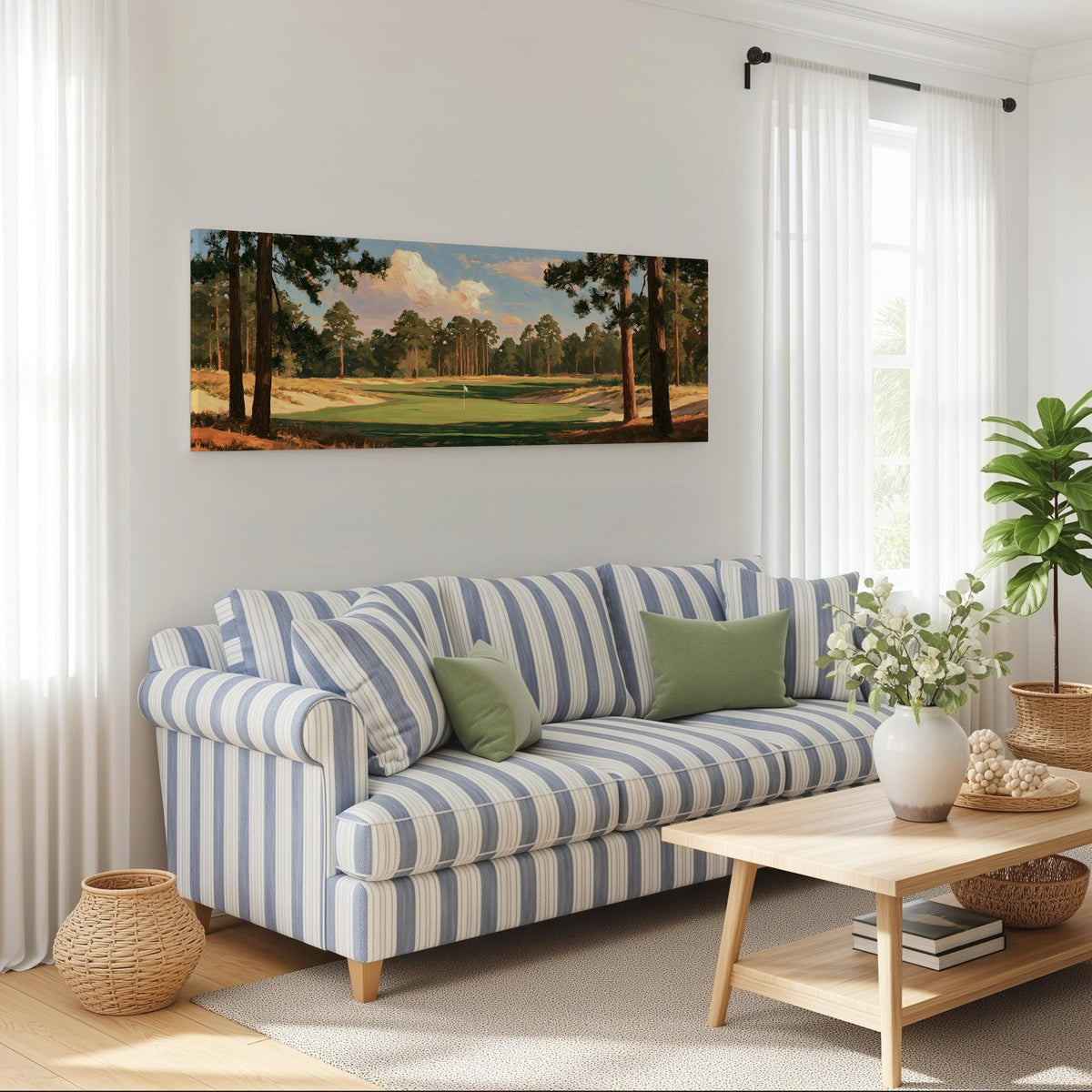 Golf fairway lined with tall pines long horizontal canvas print above a striped sofa in a coastal living room