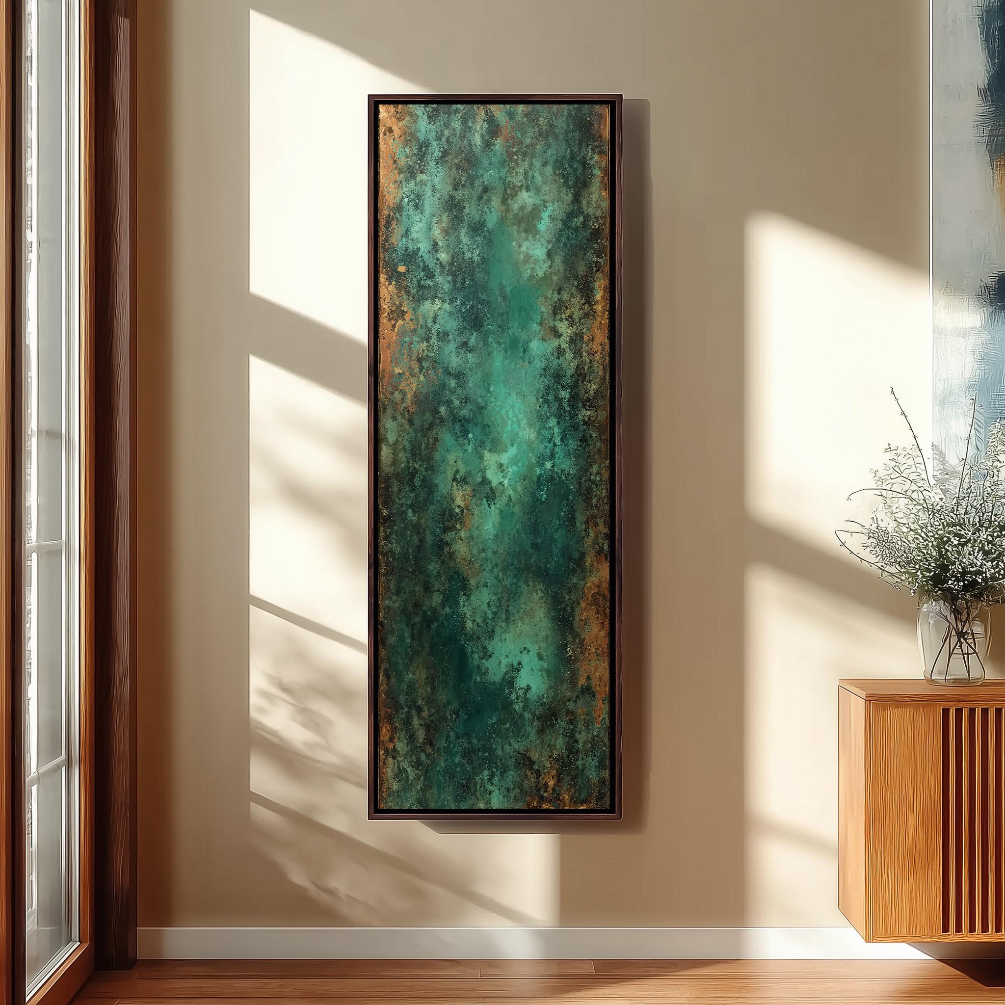 a large, rectangular painting hanging on a wall, with a wooden cabinet below it. The painting has a green and brown color scheme, and the wall is painted white. There is a window in the background, allowing natural light to illuminate the room.