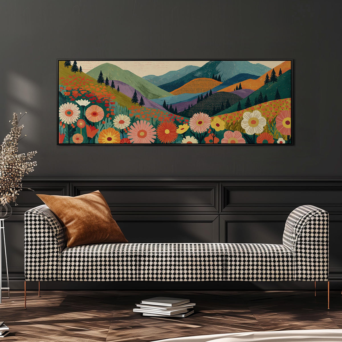 Wildflower valley below patterned mountains long horizontal canvas print above a dining table