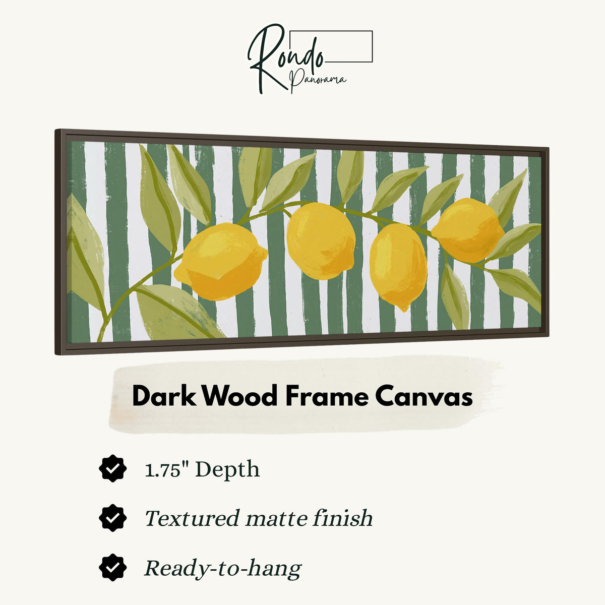 Lemon branch on green stripes canvas print in a dark wood floating frame