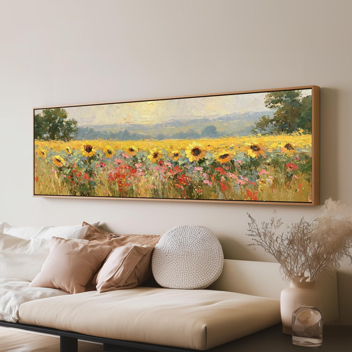 Sunflower and poppy meadow long horizontal canvas print above a sofa in a living room