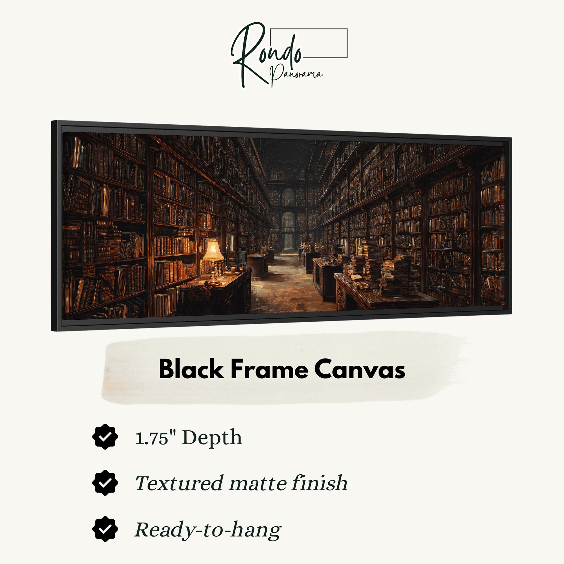 A black frame canvas depicting a library with rows of bookshelves and tables with lamps, creating a cozy and studious atmosphere.