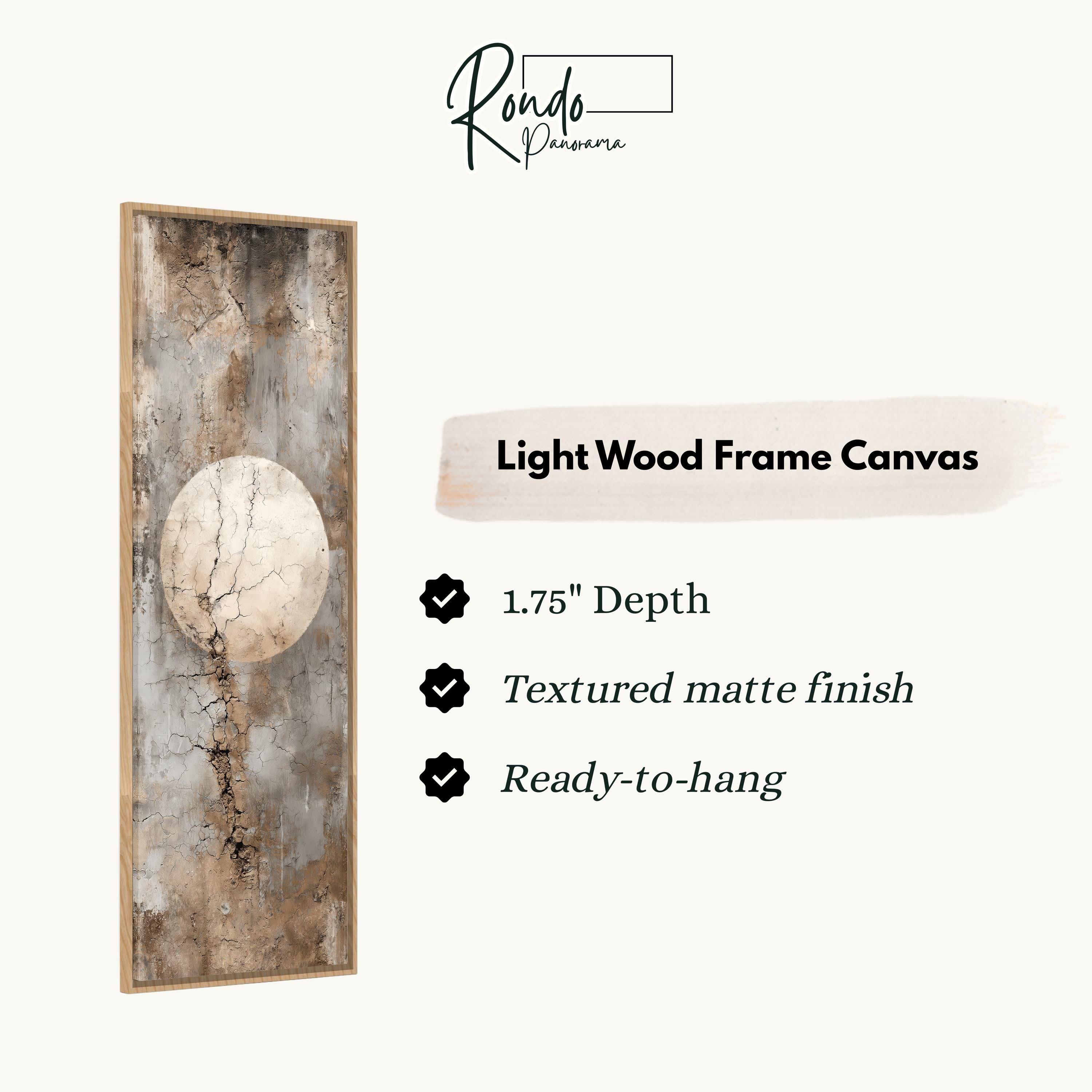 The image is a product description for a light wood frame canvas. It features a large, abstract painting with a tree trunk and a white circle. The canvas has a 1.75" depth, is textured with a matte finish, and is ready to hang.