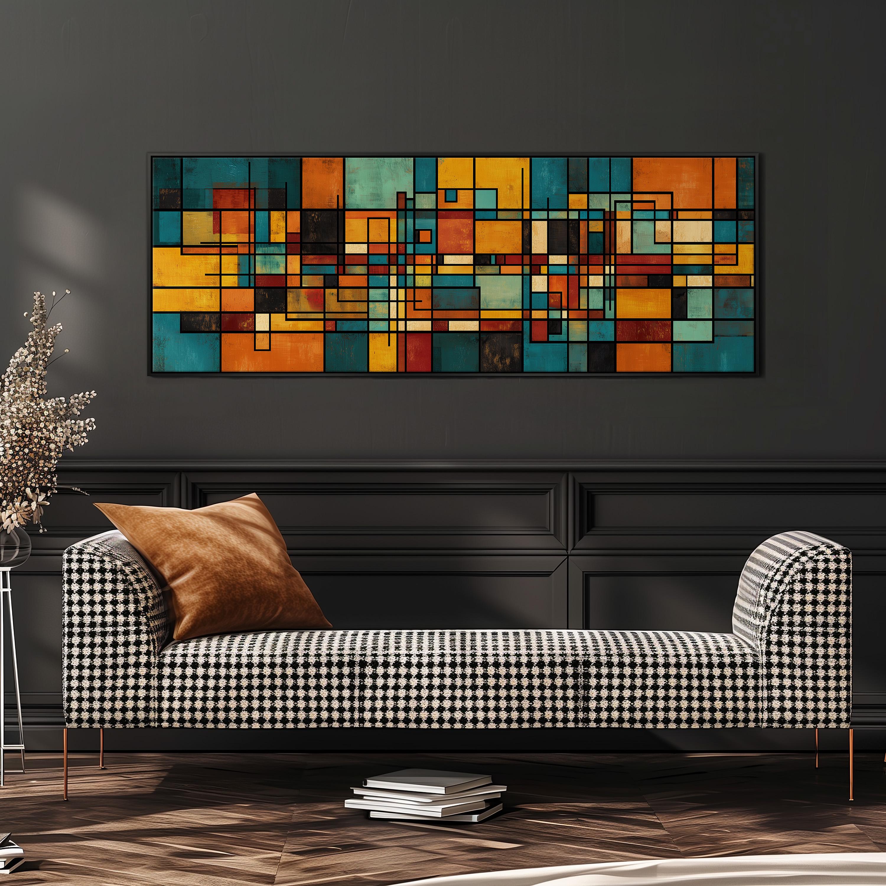 a modern living room with a black and white checkered sofa, a stack of books, and a large abstract painting on the wall.