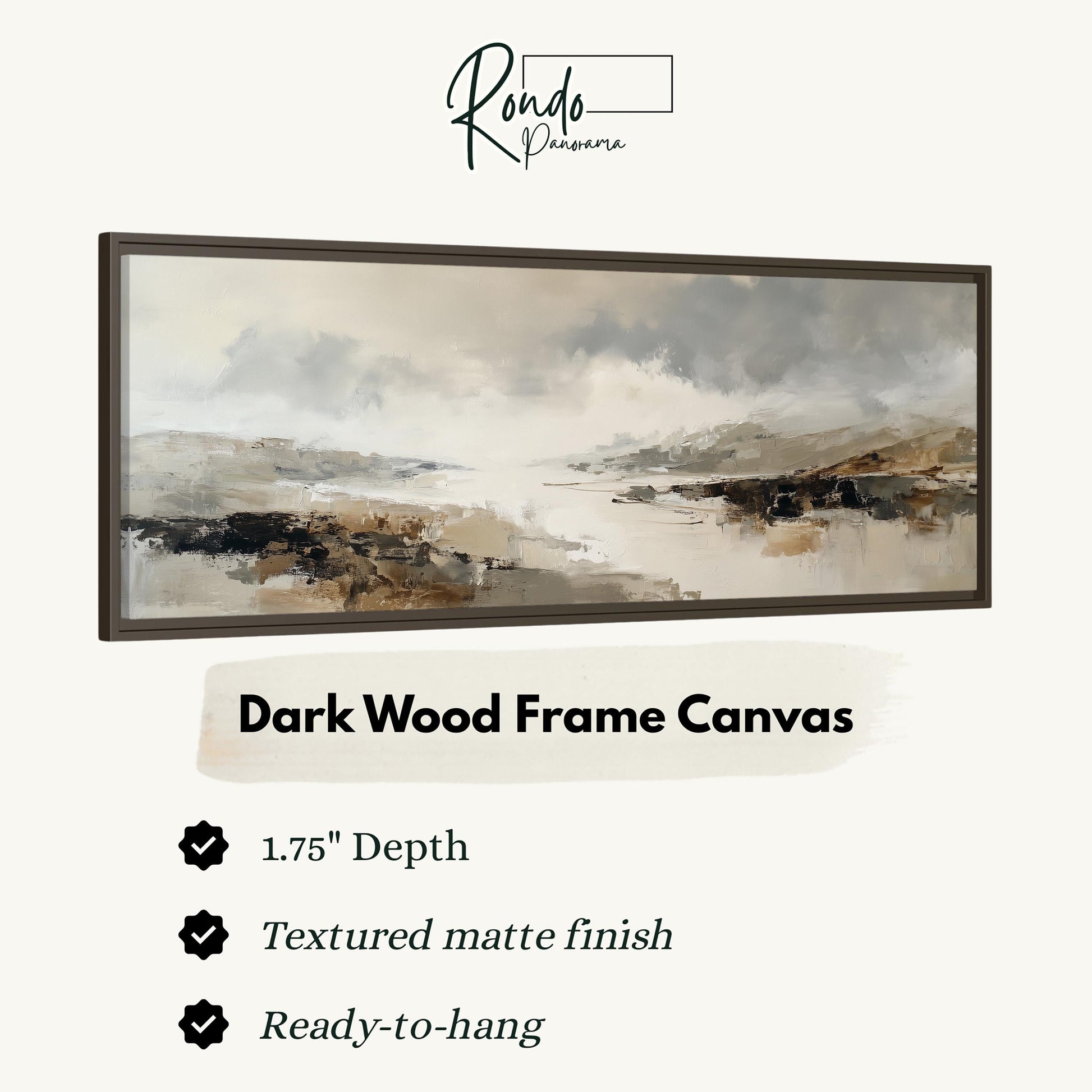 The image is a product advertisement for a dark wood frame canvas. It features a painting of a landscape with a cloudy sky and a body of water. The advertisement highlights the canvas's features, including its 1.75" depth, textured matte finish, and ready-to-hang nature.