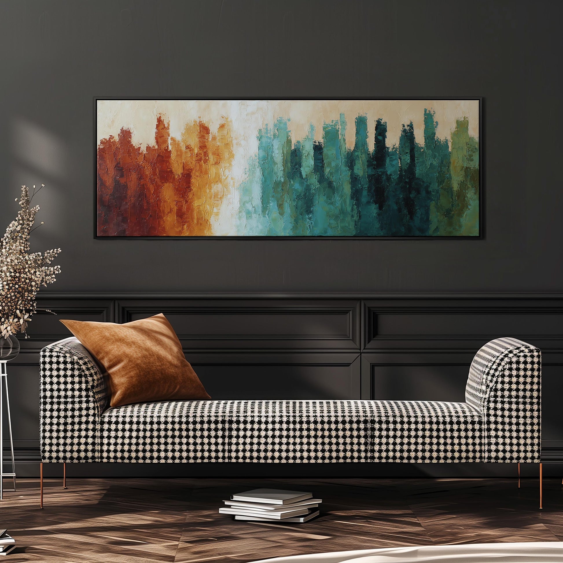 a modern living room with a black and white checkered sofa, a large abstract painting on the wall, and a stack of books on the floor.