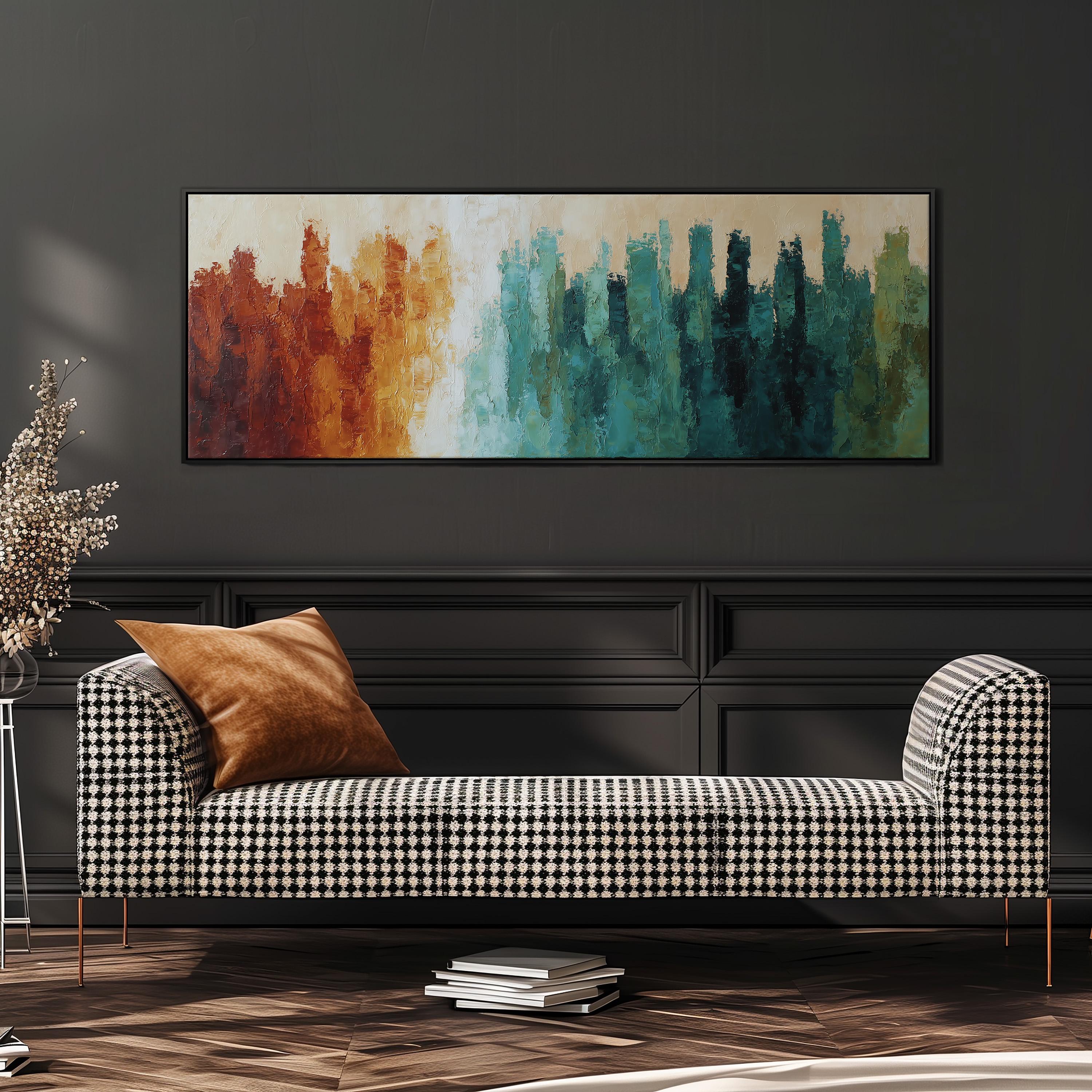 a modern living room with a black and white checkered sofa, a large abstract painting on the wall, and a stack of books on the floor.