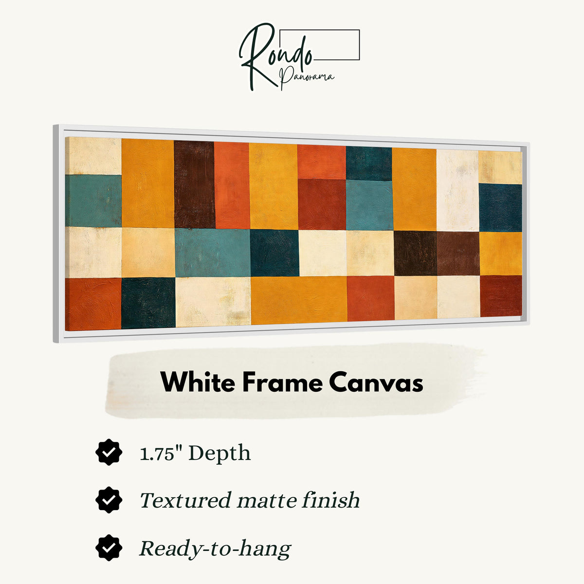 Ochre, rust and teal patchwork blocks canvas print in a white floating frame