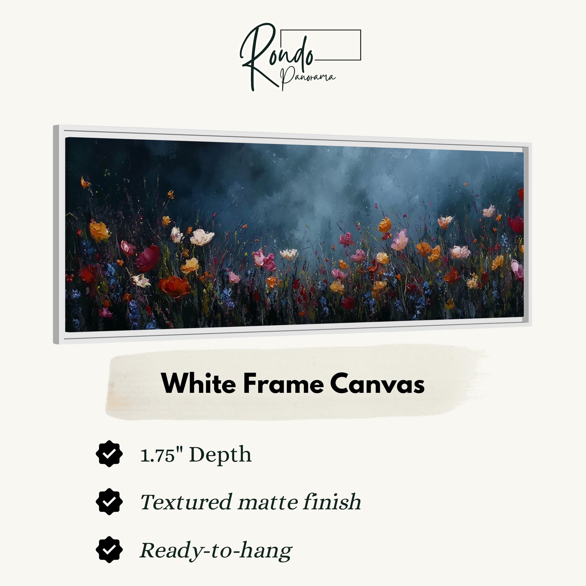 The image is a white frame canvas featuring a painting of a field of colorful flowers.
