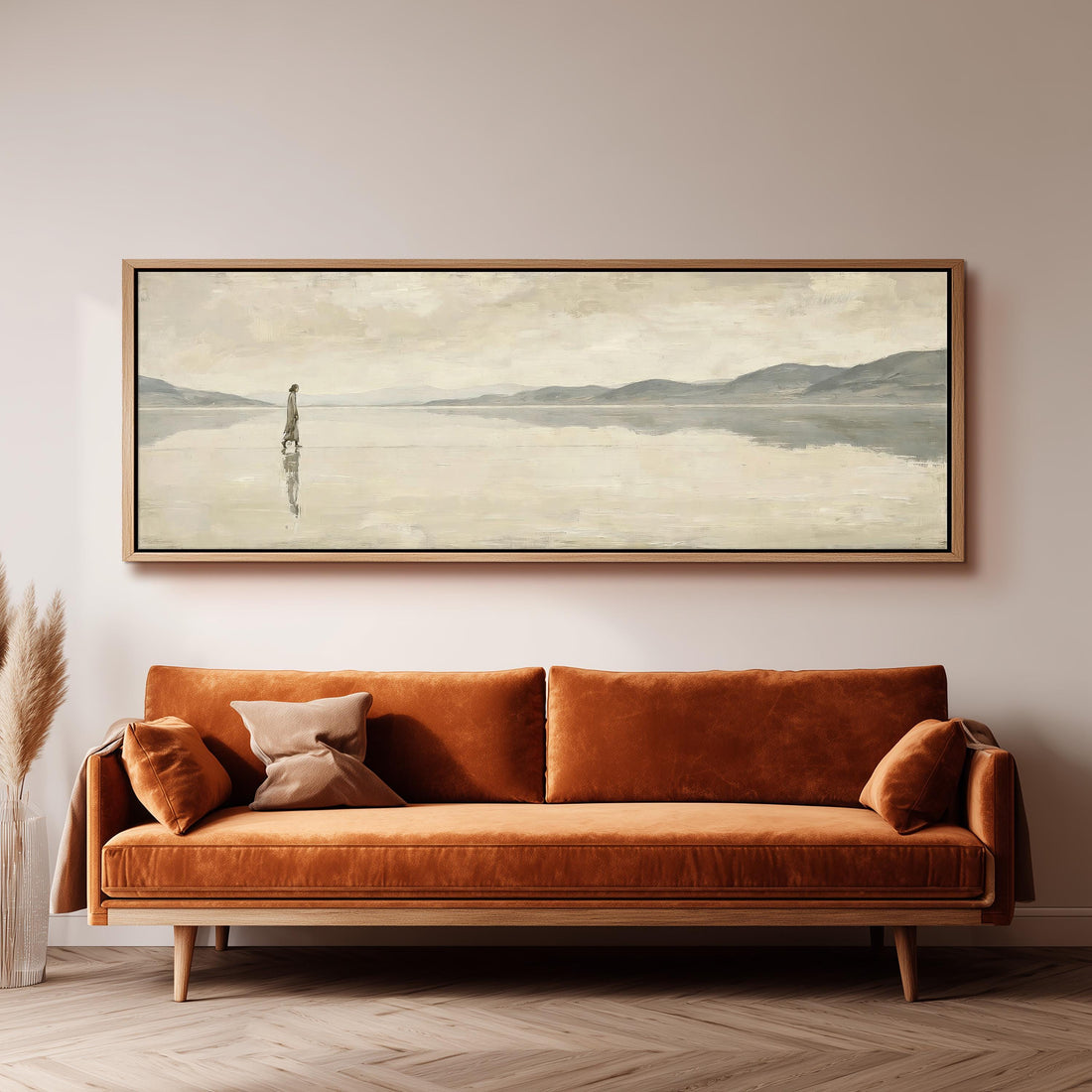 Jesus walking on still water long horizontal canvas print above a sofa in a living room