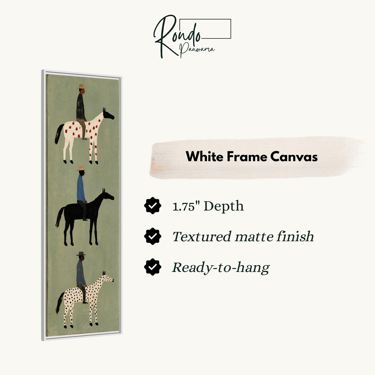 Three folk riders on spotted horses stacked vertically canvas print in a white floating frame