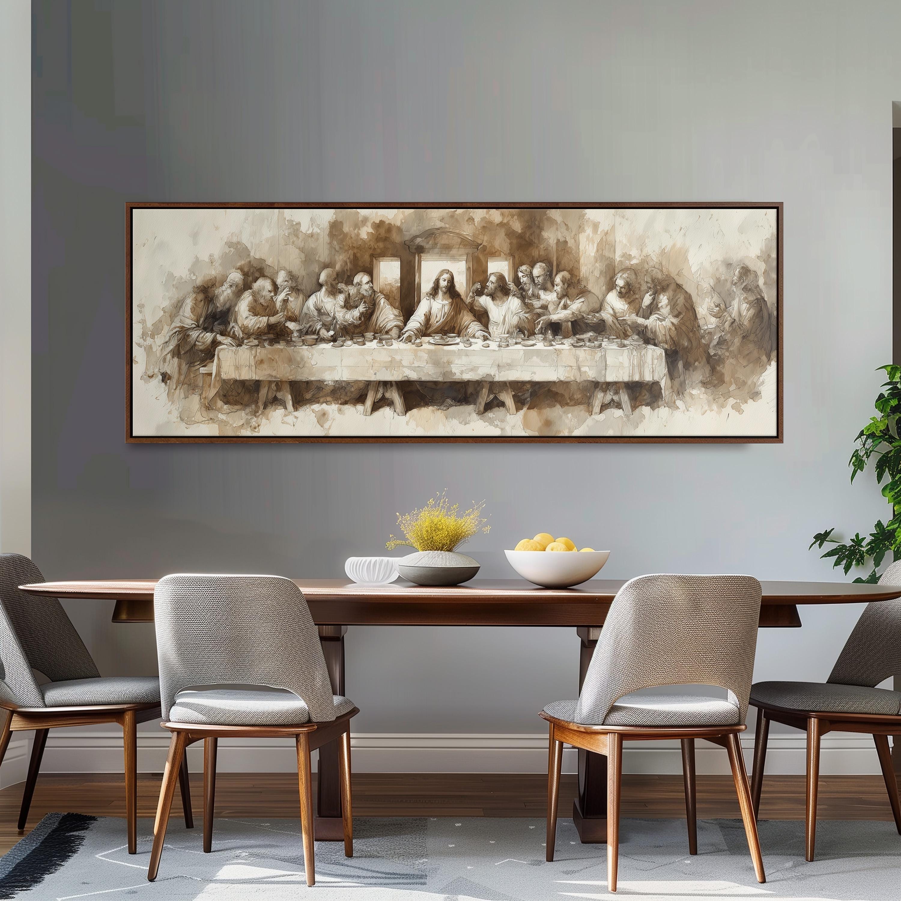 a large painting of the Last Supper hanging on a wall above a wooden dining table with four chairs.